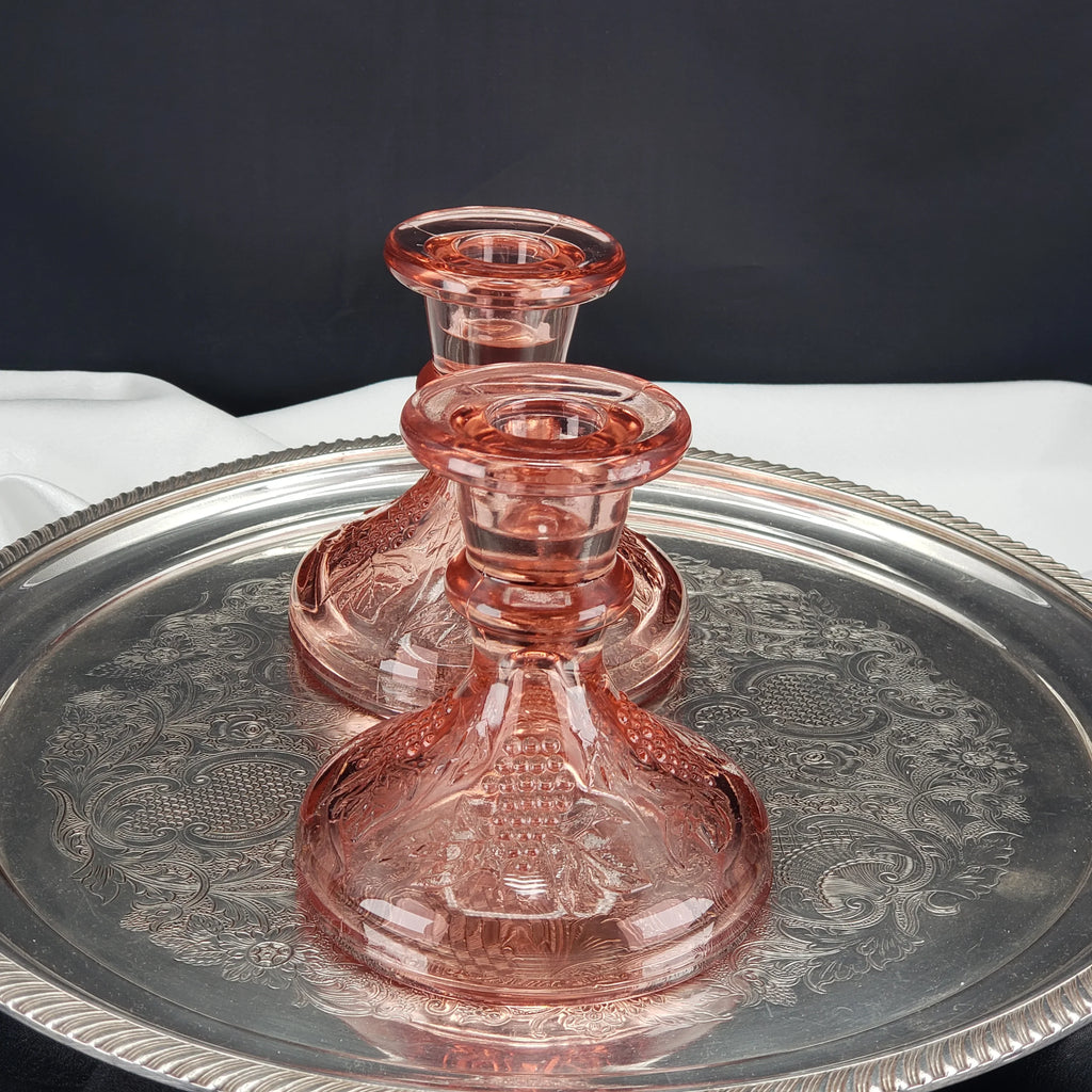 Vintage Pink Depression Glass Candle Stick Holders - One Pair Grape Pattern