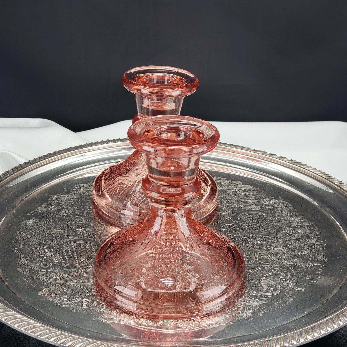 Vintage Pink Depression Glass Candle Stick Holders - One Pair Grape Pattern