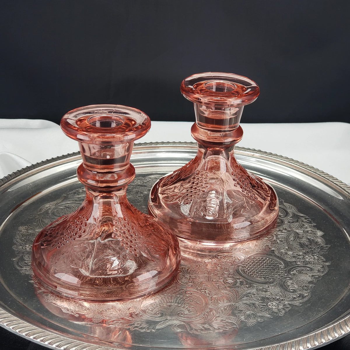 Vintage Pink Depression Glass Candle Stick Holders - One Pair Grape Pattern