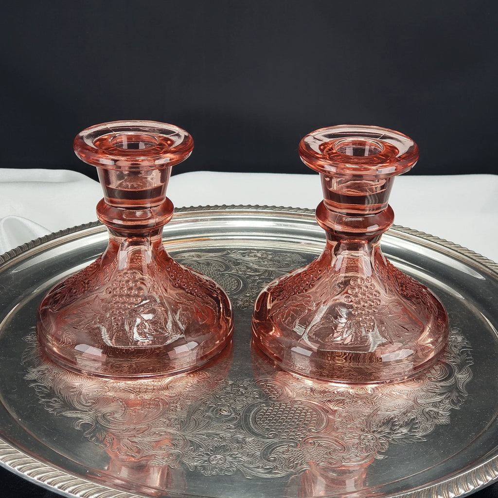 Vintage Pink Depression Glass Candle Stick Holders - One Pair Grape Pattern
