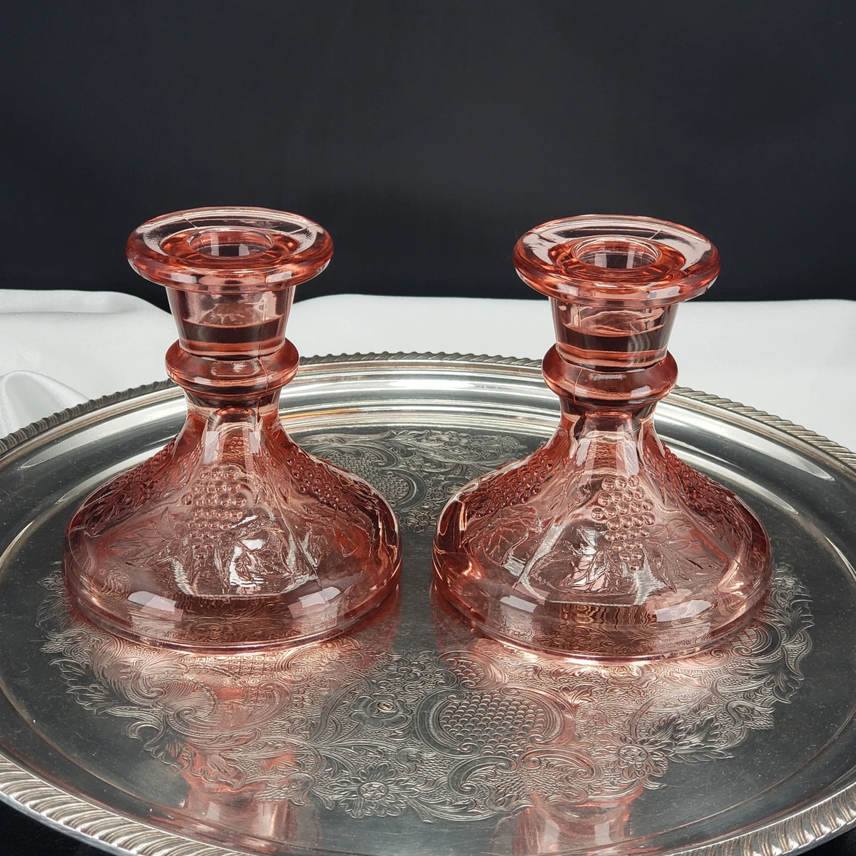 Vintage Pink Depression Glass Candle Stick Holders - One Pair Grape Pattern
