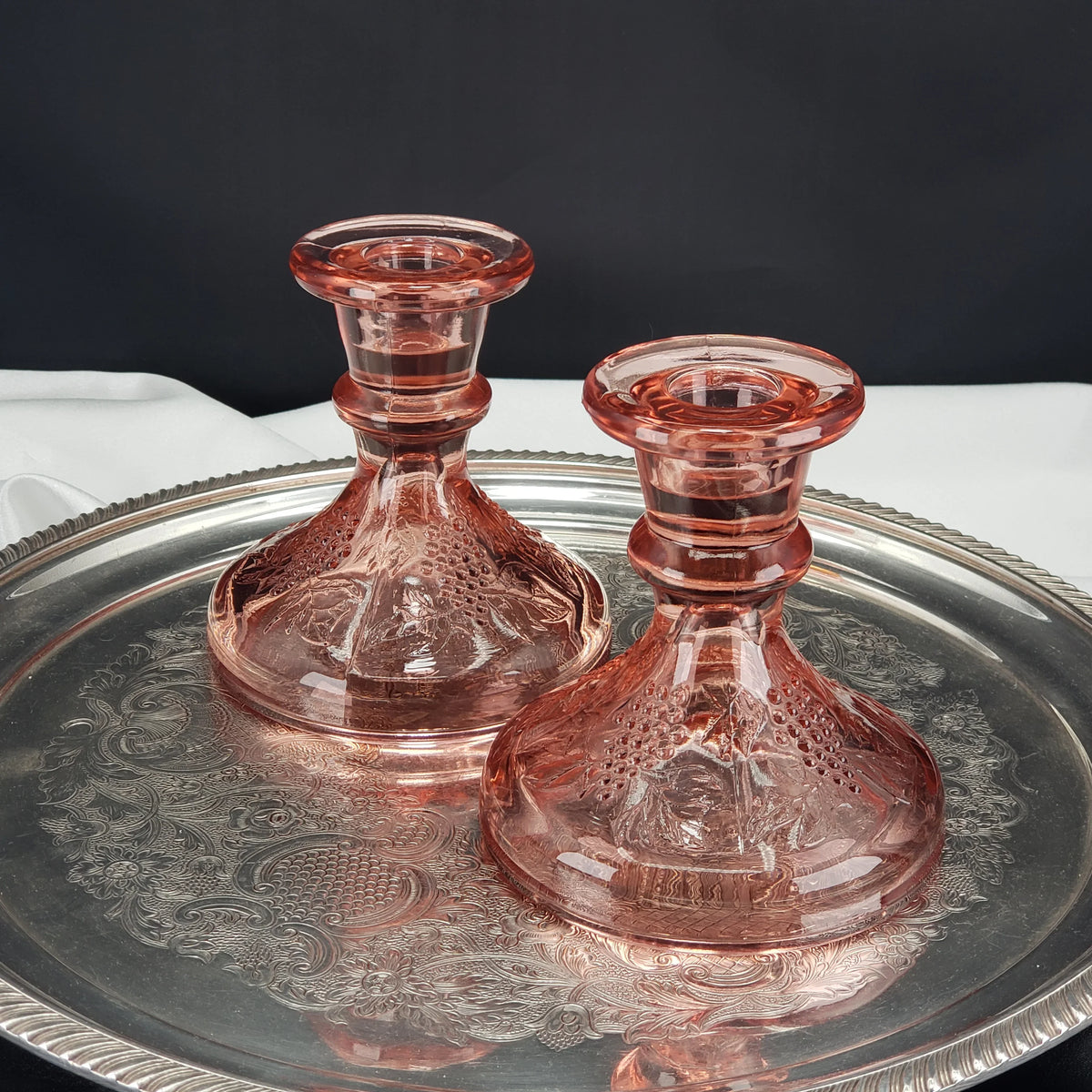 Vintage Pink Depression Glass Candle Stick Holders - One Pair Grape Pattern