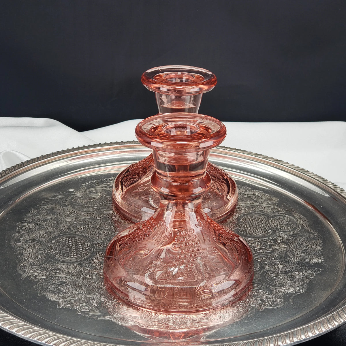 Vintage Pink Depression Glass Candle Stick Holders - One Pair Grape Pattern