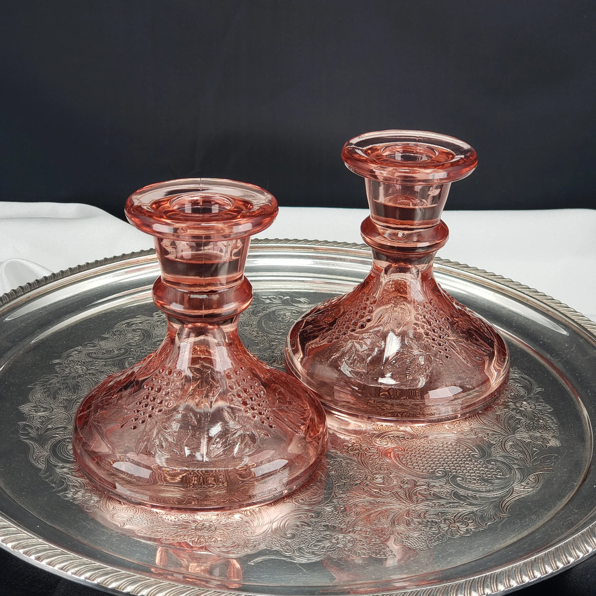 Vintage Pink Depression Glass Candle Stick Holders - One Pair Grape Pattern