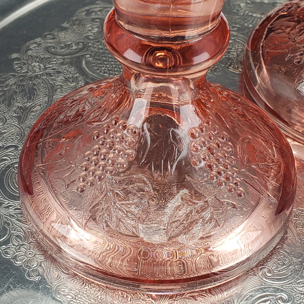 Vintage Pink Depression Glass Candle Stick Holders - One Pair Grape Pattern