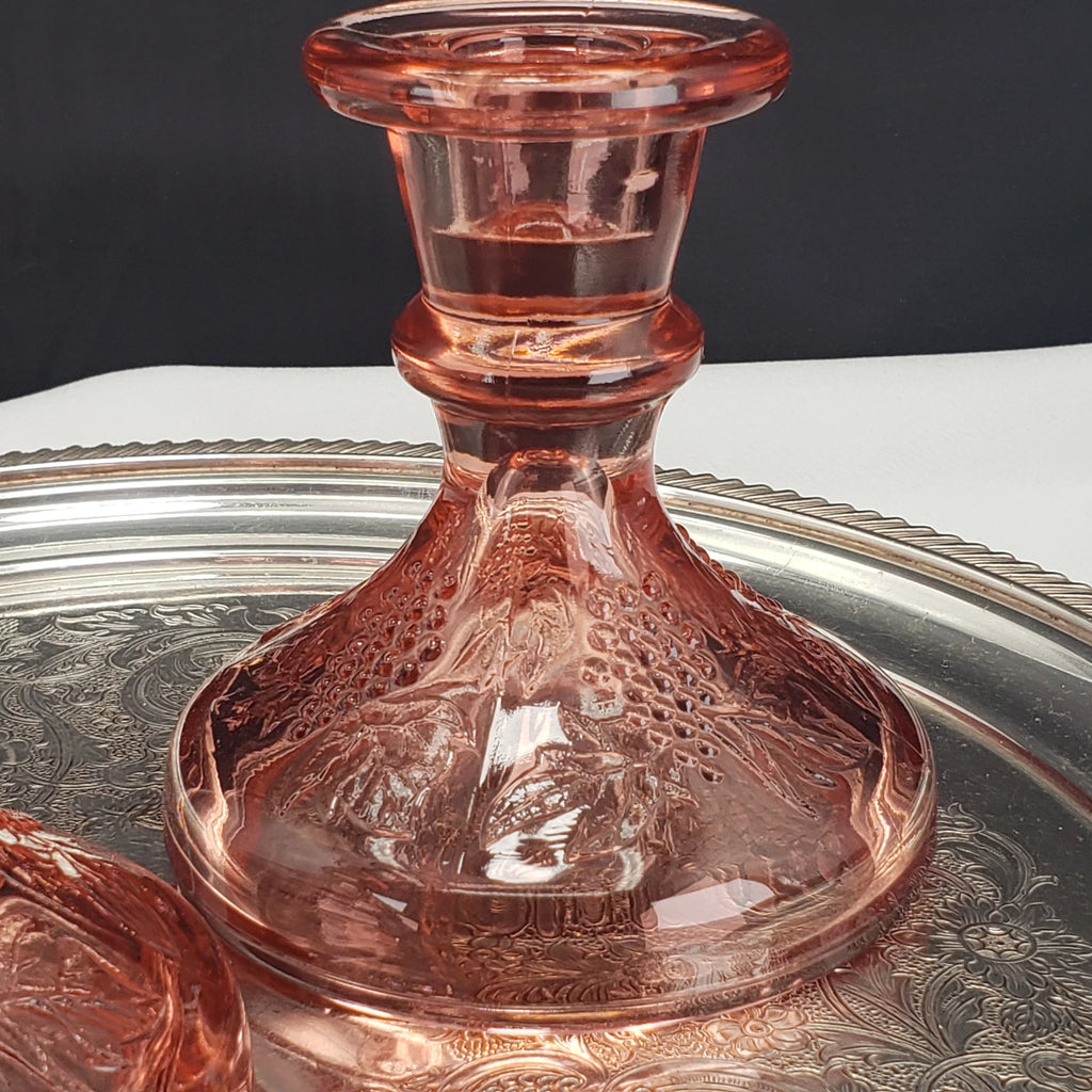 Vintage Pink Depression Glass Candle Stick Holders - One Pair Grape Pattern
