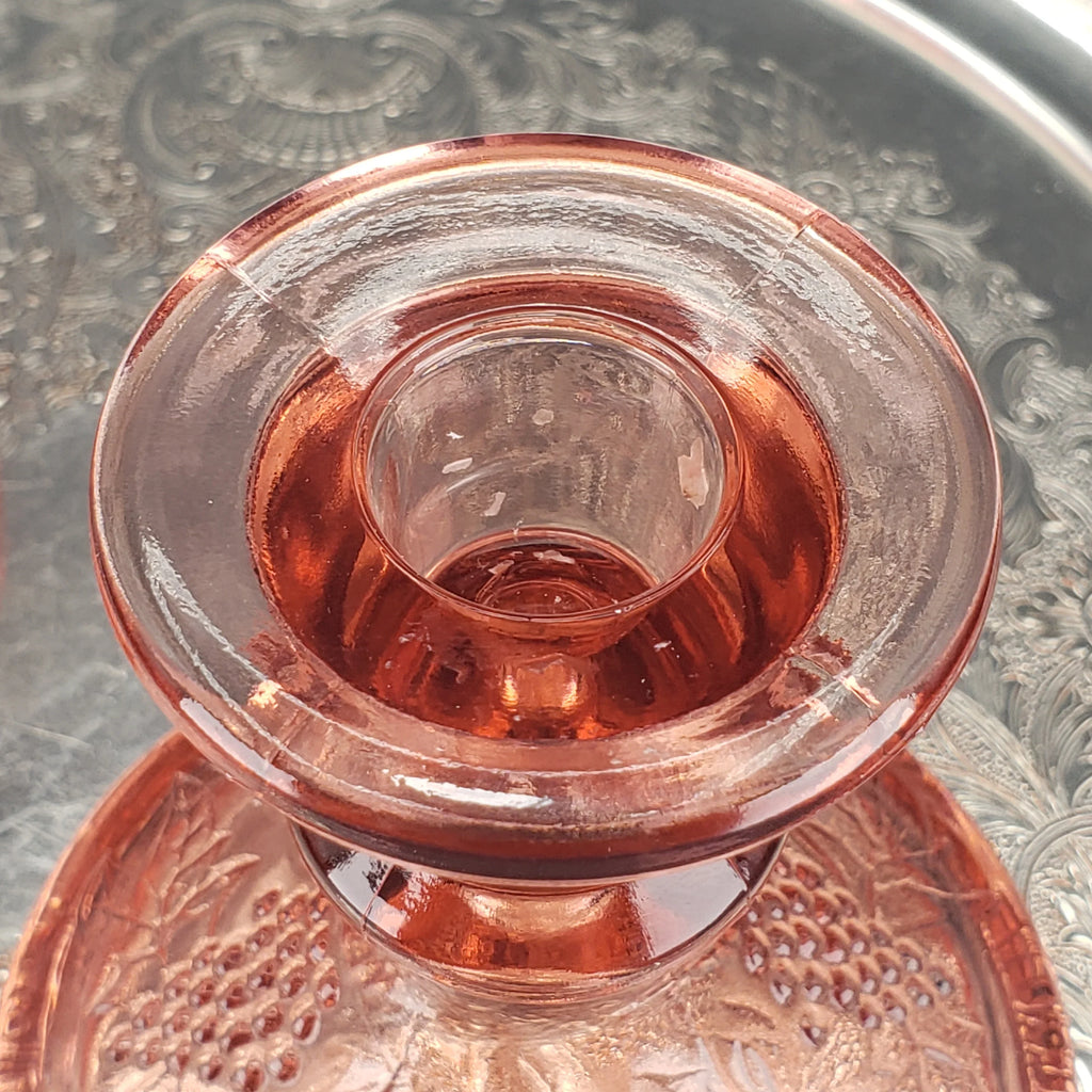Vintage Pink Depression Glass Candle Stick Holders - One Pair Grape Pattern