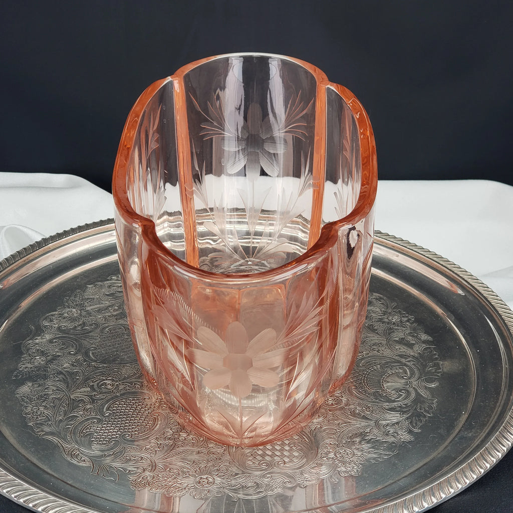Vintage Pink Etched Serving Bowl – Lotus Glass Floral Pattern – Depression Glass