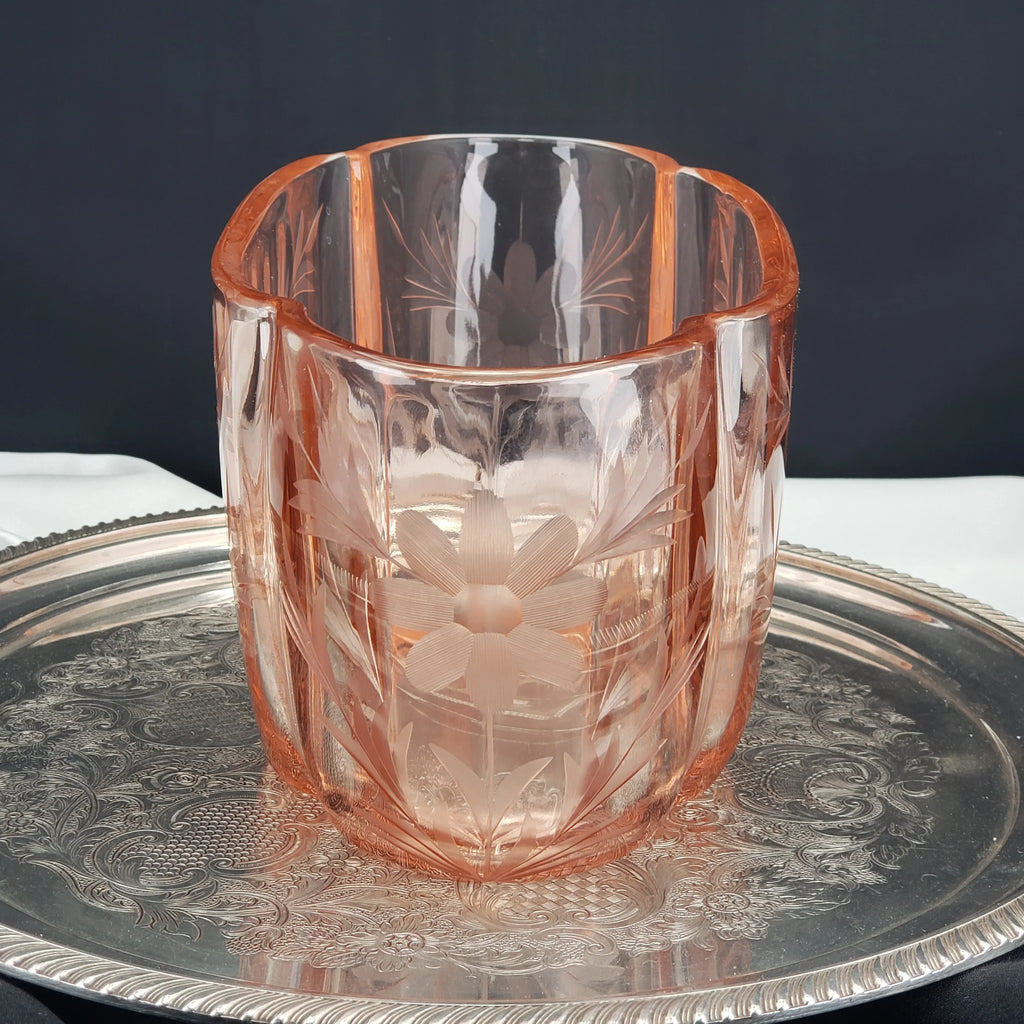 Vintage Pink Etched Serving Bowl – Lotus Glass Floral Pattern – Depression Glass