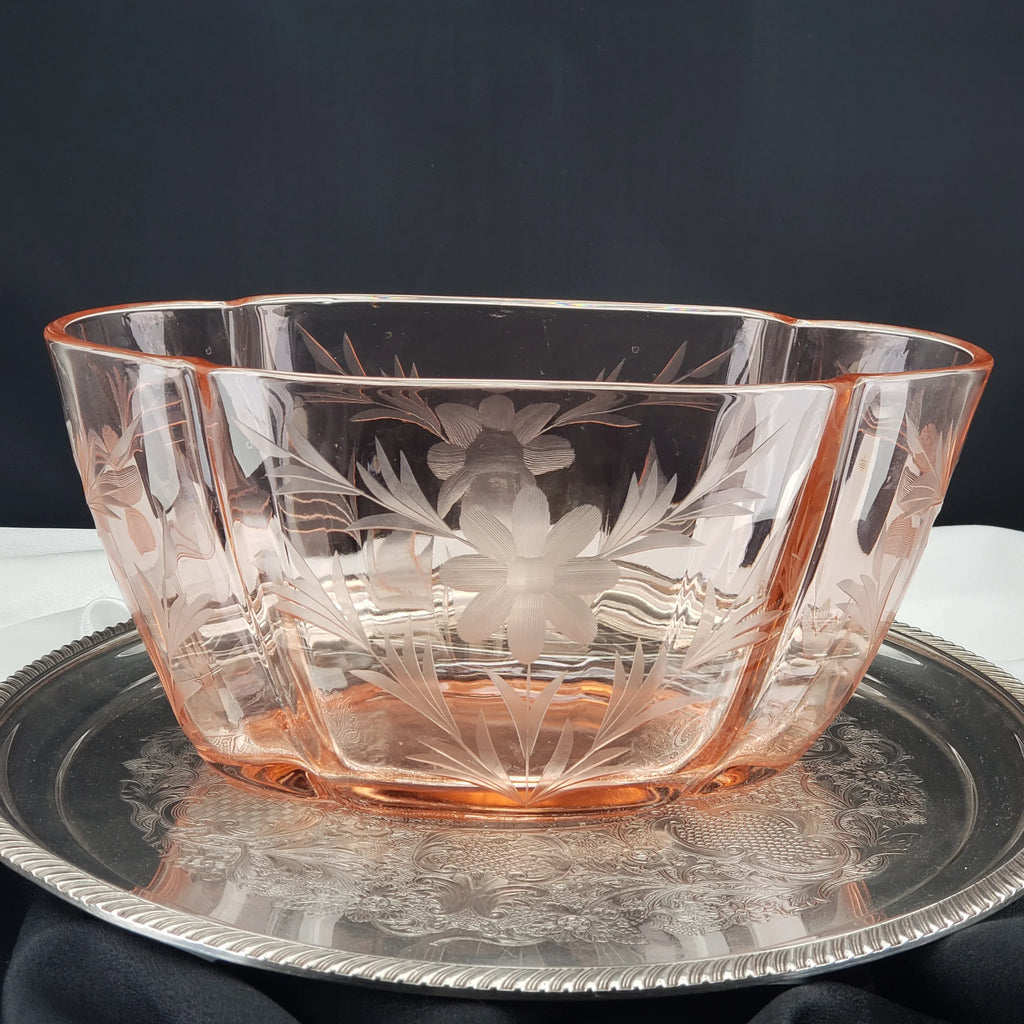 Vintage Pink Etched Serving Bowl – Lotus Glass Floral Pattern – Depression Glass