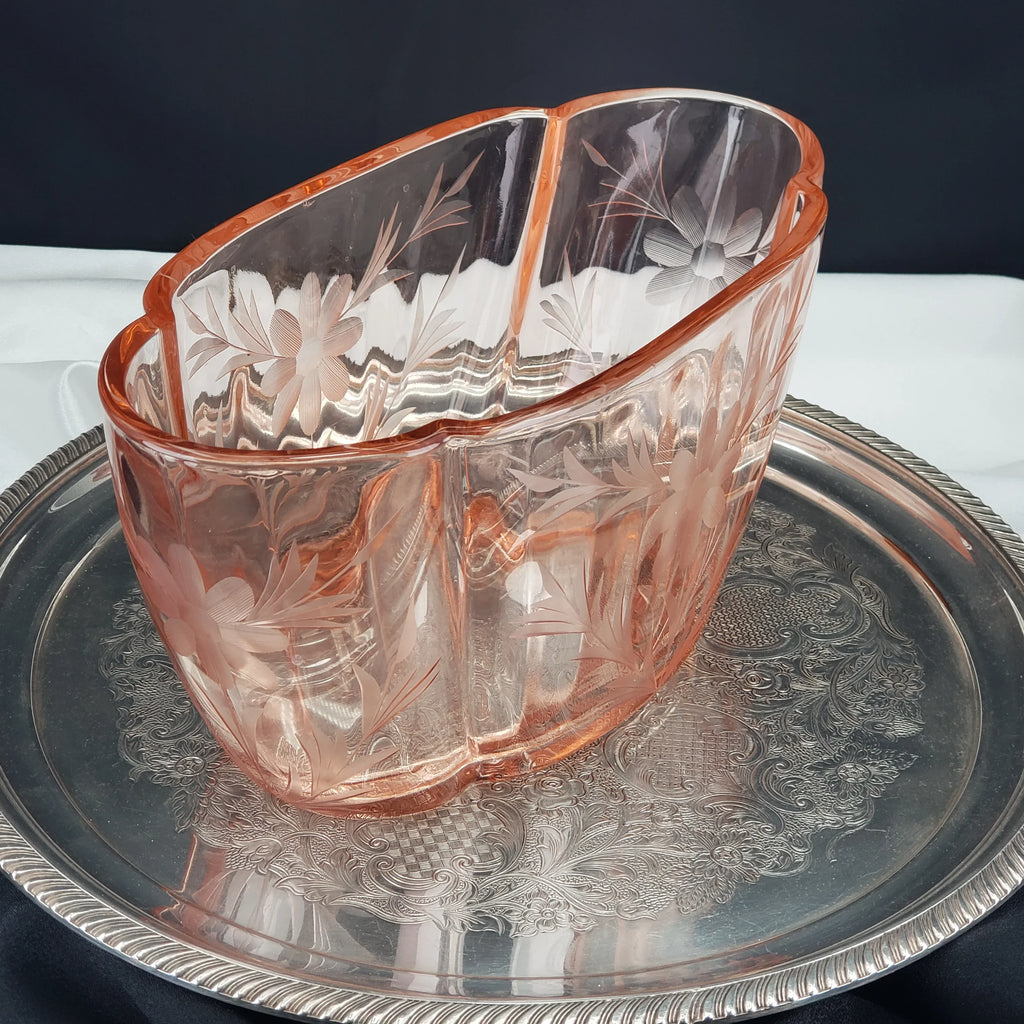 Vintage Pink Etched Serving Bowl – Lotus Glass Floral Pattern – Depression Glass