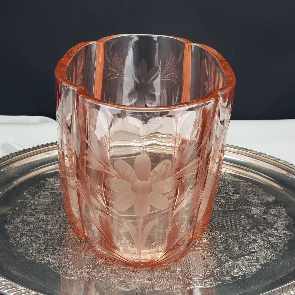 Vintage Pink Etched Serving Bowl – Lotus Glass Floral Pattern – Depression Glass
