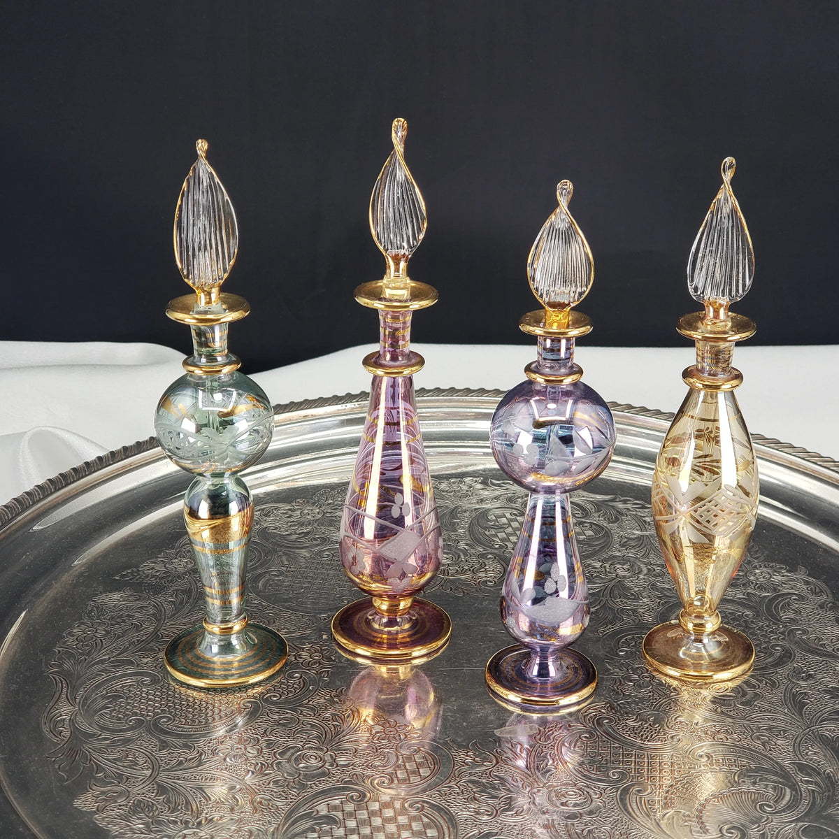 Vintage Egyptian Perfume Bottles – Hand‑Blown Glass – Gold Accents – Set of 4