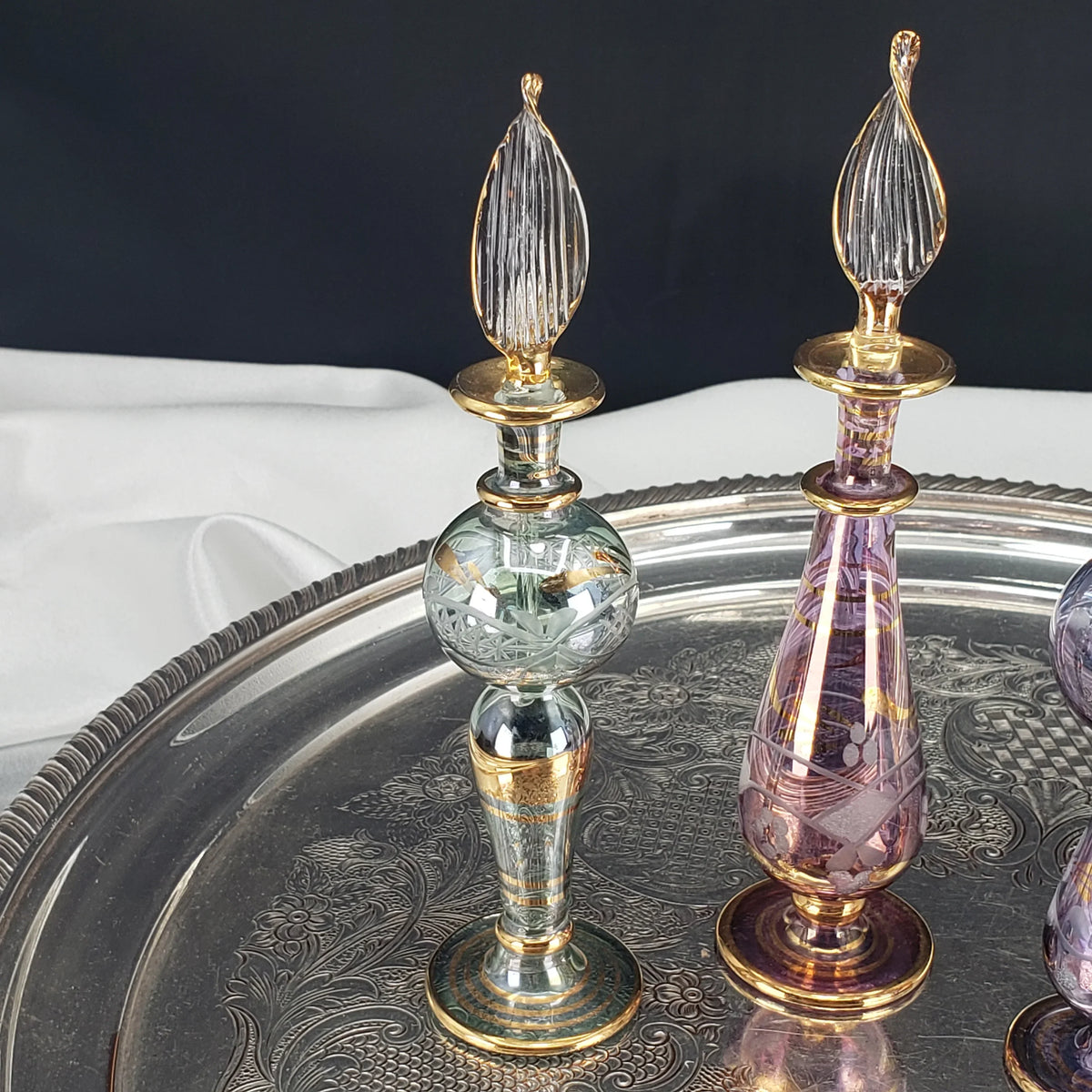 Vintage Egyptian Perfume Bottles – Hand‑Blown Glass – Gold Accents – Set of 4