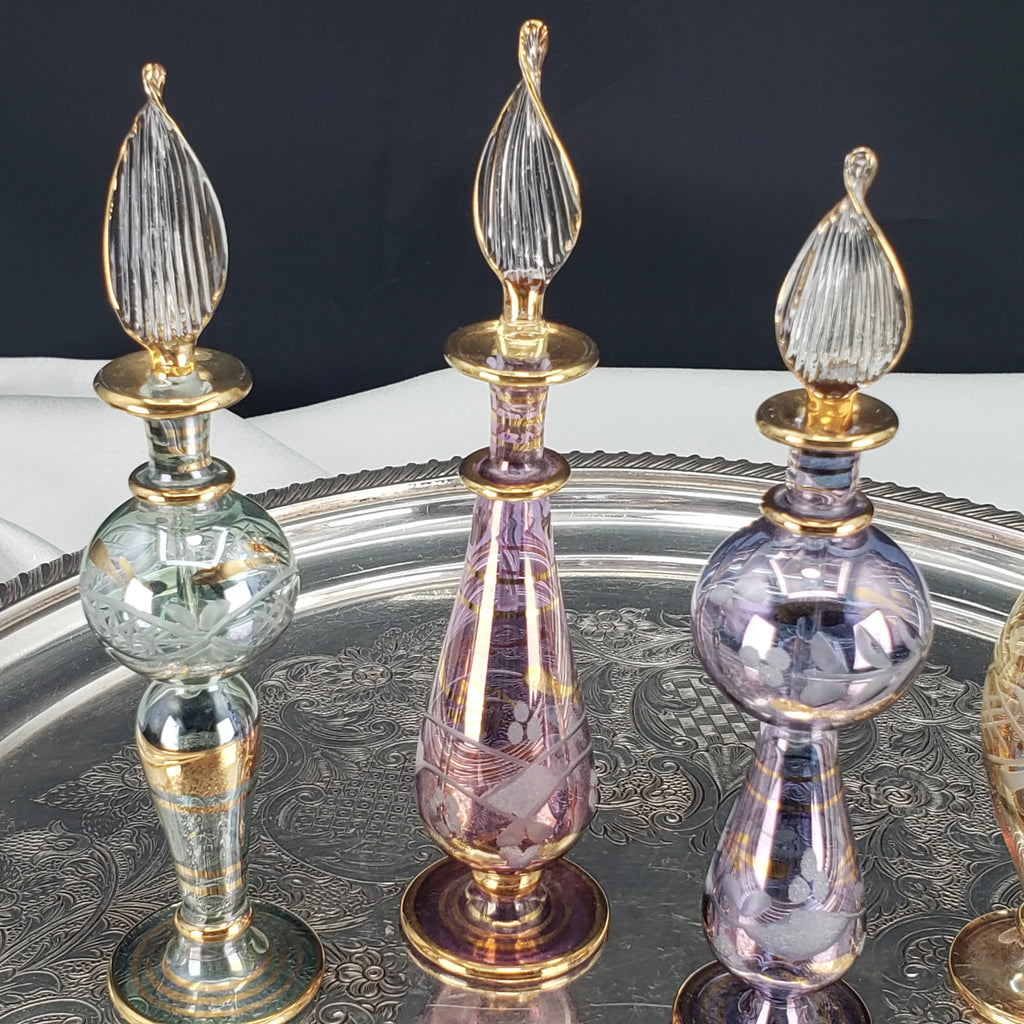 Vintage Egyptian Perfume Bottles – Hand‑Blown Glass – Gold Accents – Set of 4