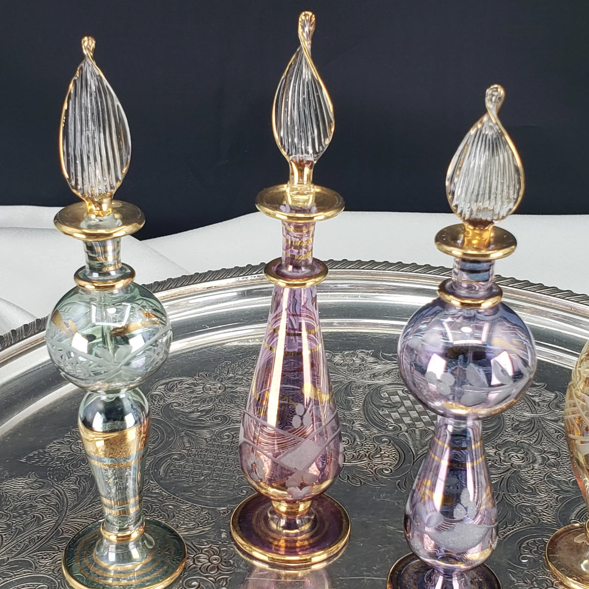 Vintage Egyptian Perfume Bottles – Hand‑Blown Glass – Gold Accents – Set of 4