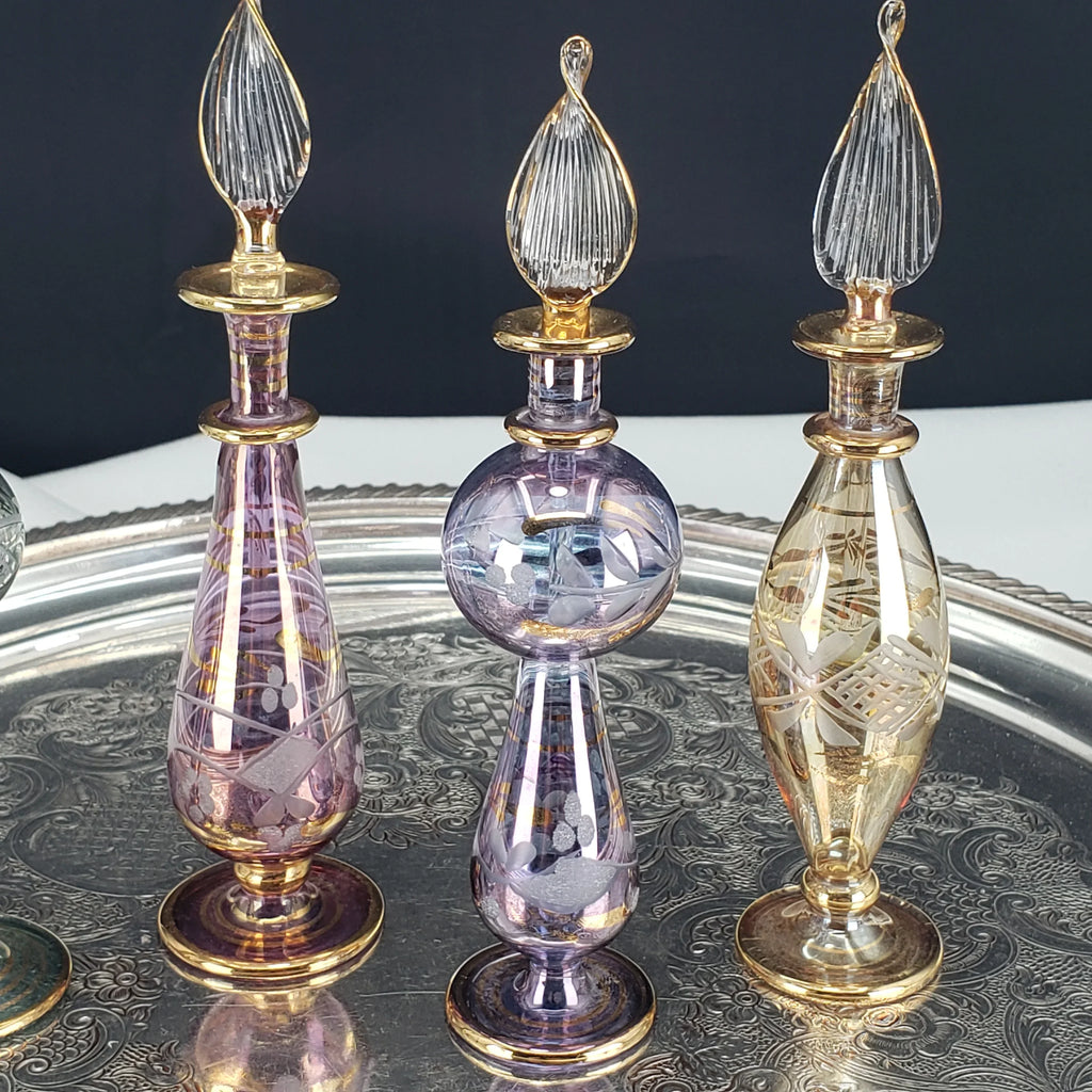 Vintage Egyptian Perfume Bottles – Hand‑Blown Glass – Gold Accents – Set of 4