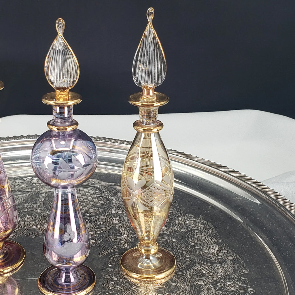 Vintage Egyptian Perfume Bottles – Hand‑Blown Glass – Gold Accents – Set of 4