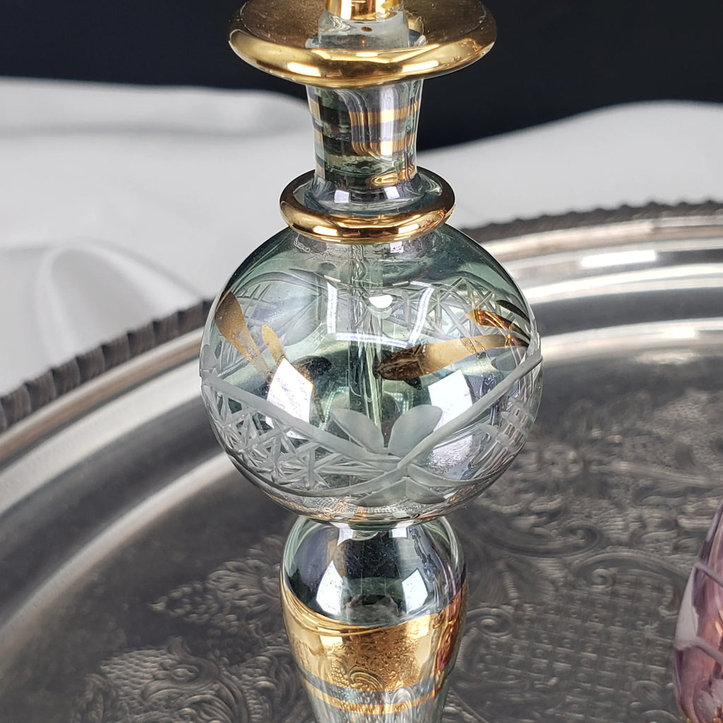 Vintage Egyptian Perfume Bottles – Hand‑Blown Glass – Gold Accents – Set of 4
