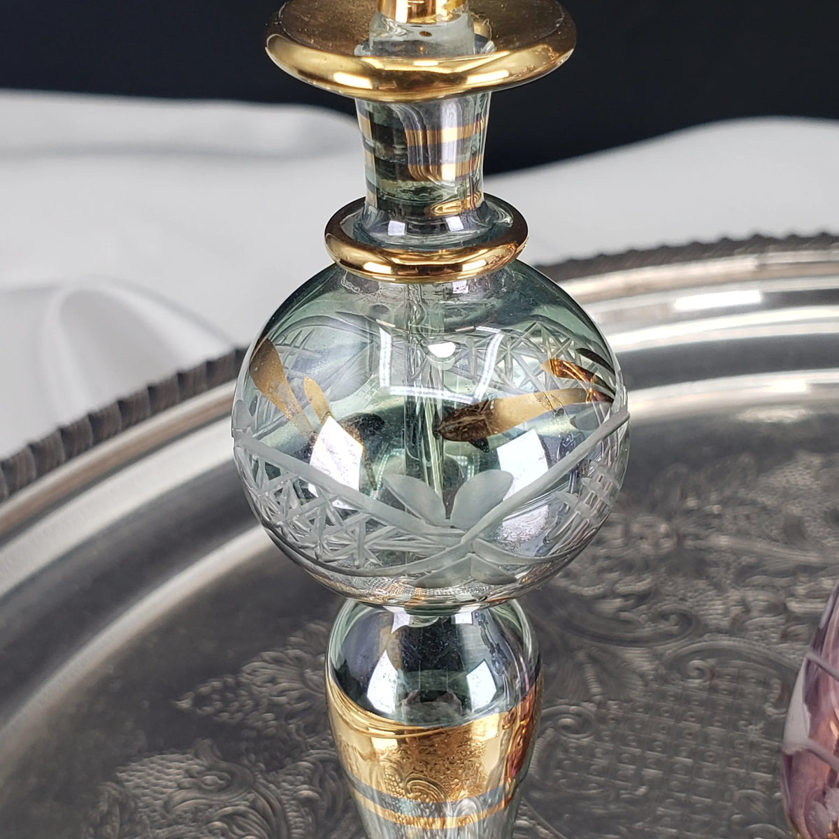 Vintage Egyptian Perfume Bottles – Hand‑Blown Glass – Gold Accents – Set of 4