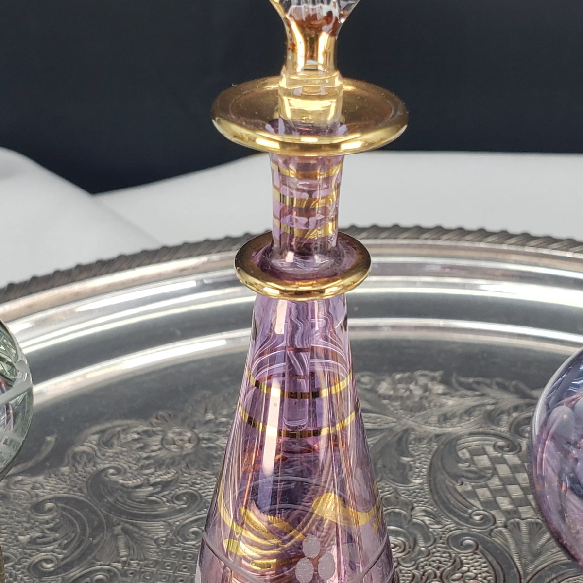Vintage Egyptian Perfume Bottles – Hand‑Blown Glass – Gold Accents – Set of 4