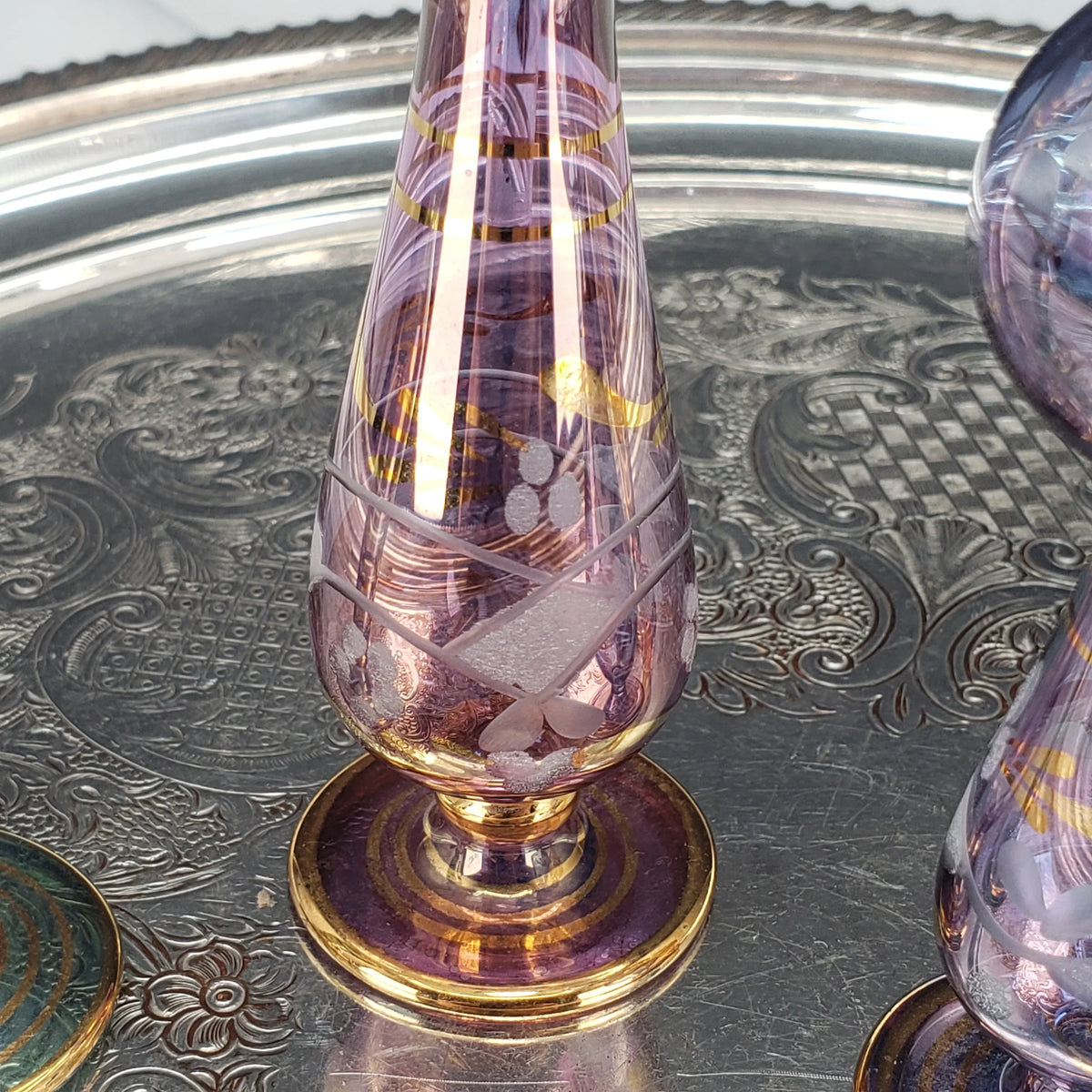 Vintage Egyptian Perfume Bottles – Hand‑Blown Glass – Gold Accents – Set of 4