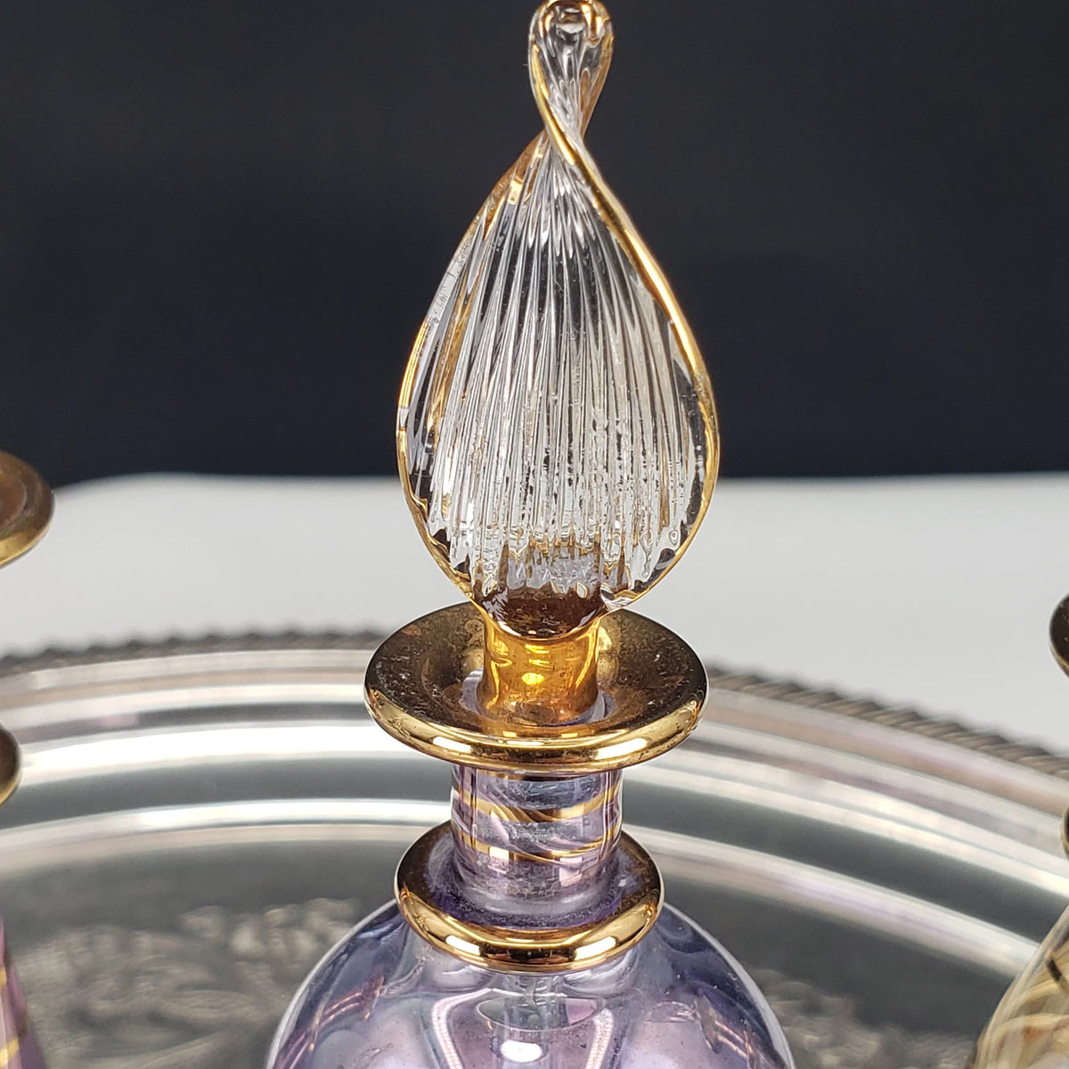 Vintage Egyptian Perfume Bottles – Hand‑Blown Glass – Gold Accents – Set of 4