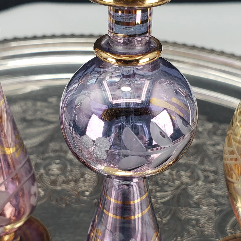 Vintage Egyptian Perfume Bottles – Hand‑Blown Glass – Gold Accents – Set of 4