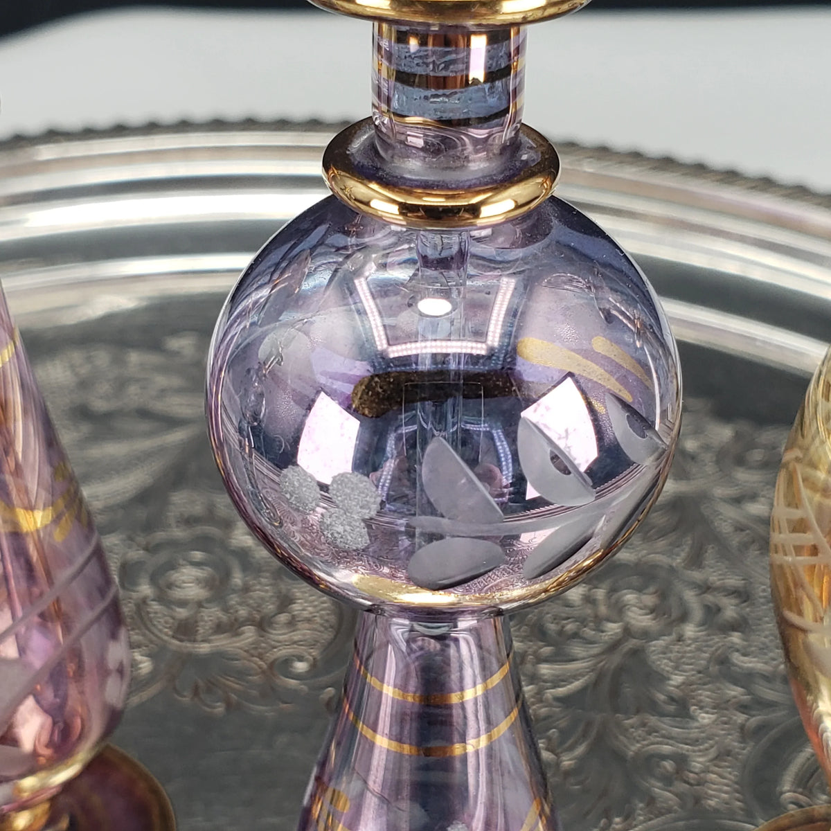 Vintage Egyptian Perfume Bottles – Hand‑Blown Glass – Gold Accents – Set of 4