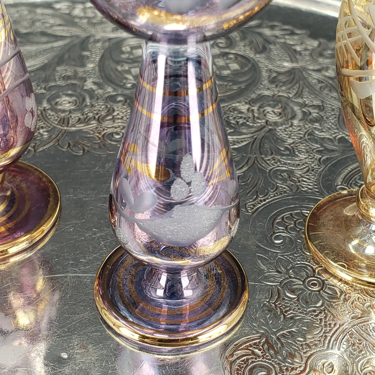 Vintage Egyptian Perfume Bottles – Hand‑Blown Glass – Gold Accents – Set of 4