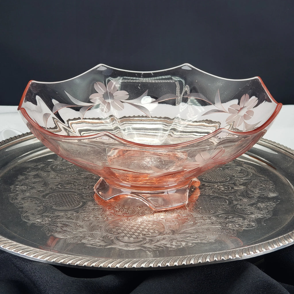 Vintage Pink Depression Glass Etched Bowl – Morgantown Glass – 1930s Floral Etching