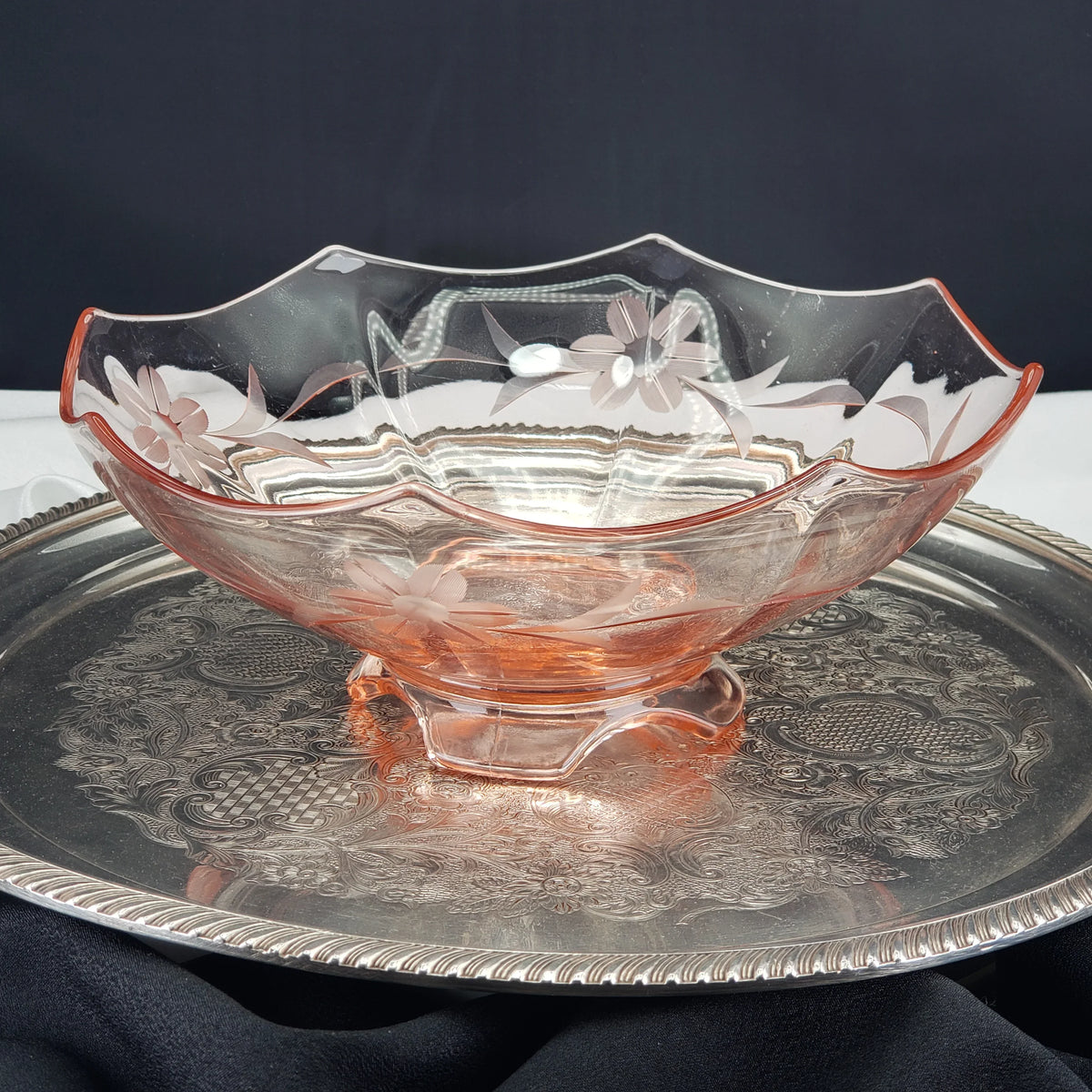 Vintage Pink Depression Glass Etched Bowl – Morgantown Glass – 1930s Floral Etching