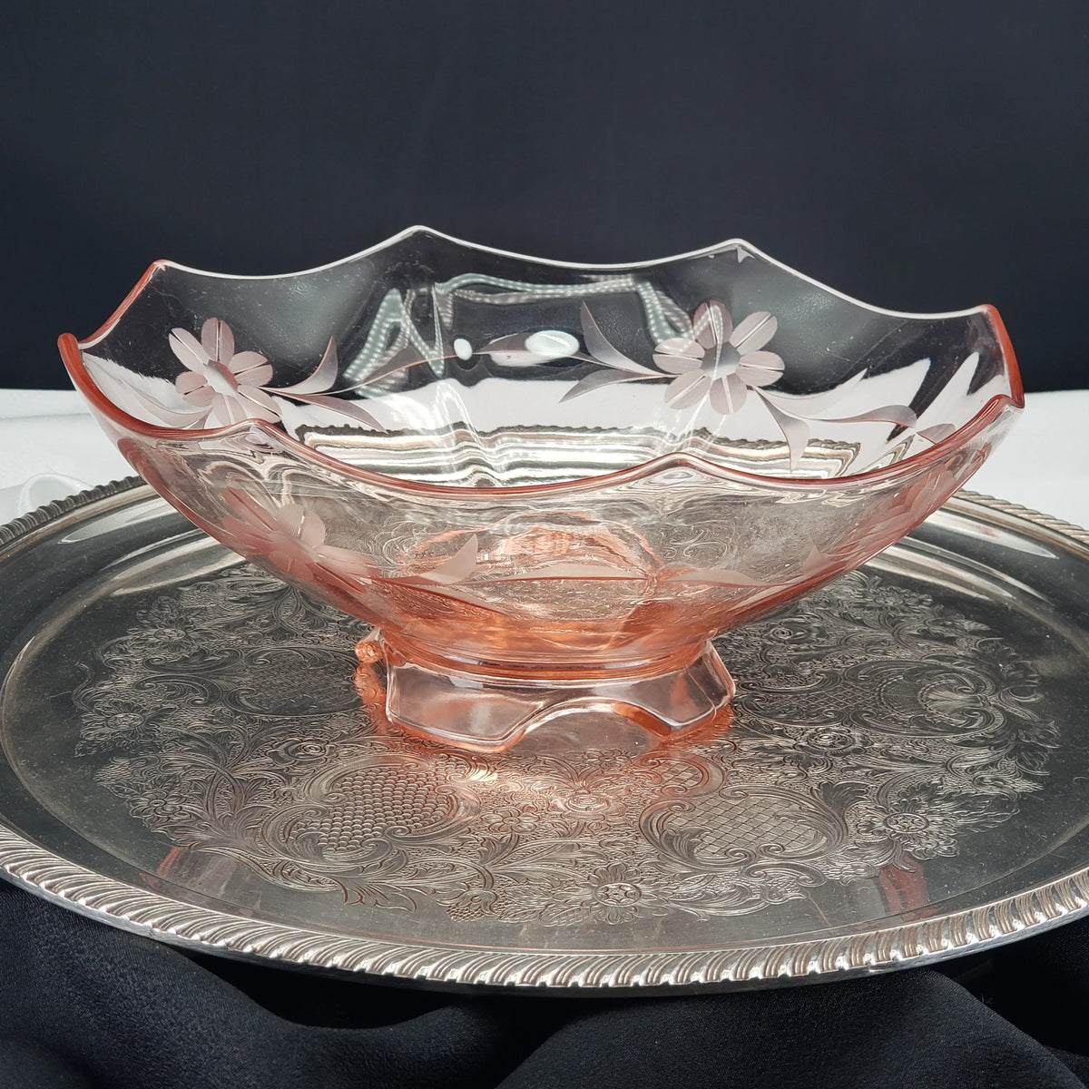 Vintage Pink Depression Glass Etched Bowl – Morgantown Glass – 1930s Floral Etching