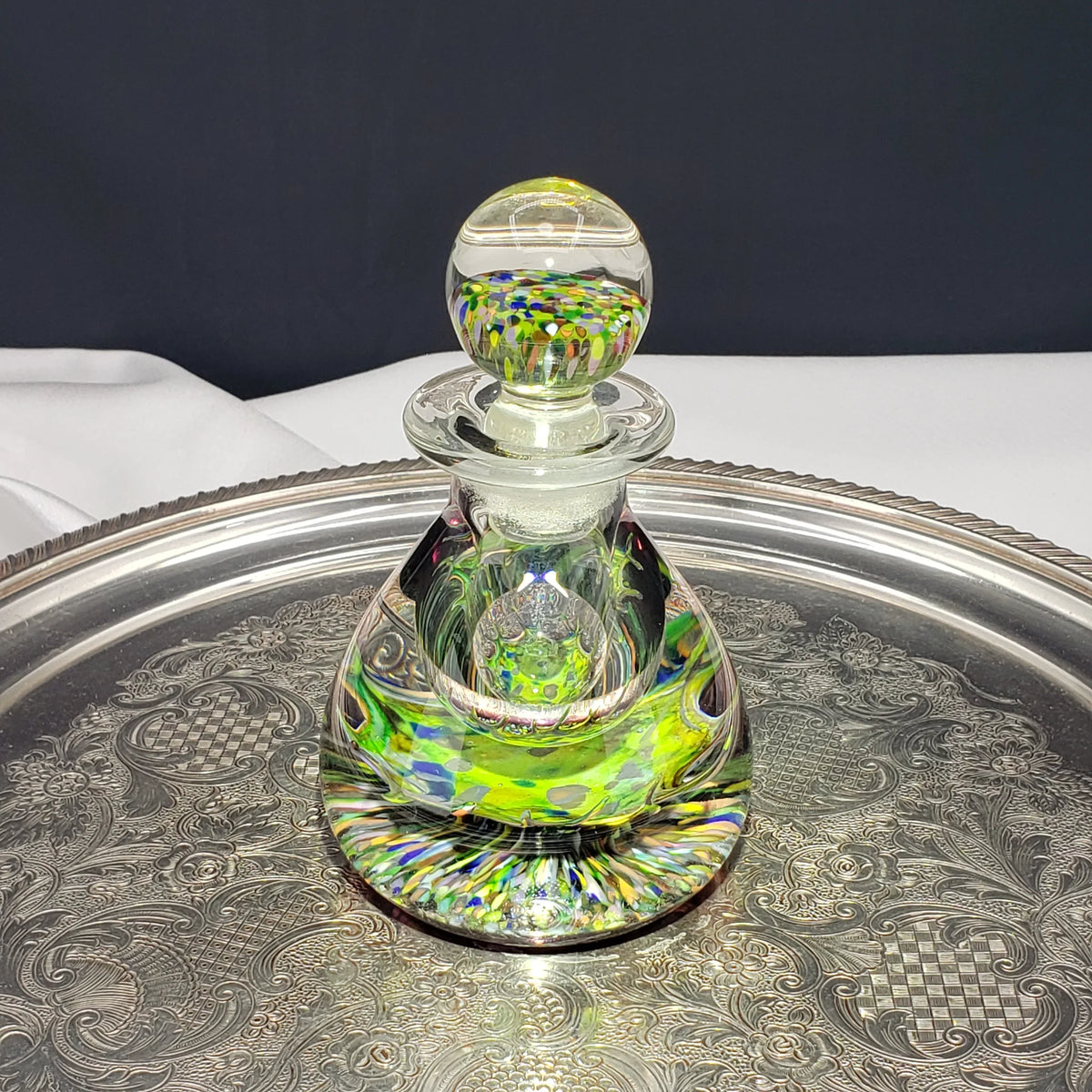 Vintage Caithness Glass Perfume / Ink Bottle – Multicolor Fused Art Glass Stopper