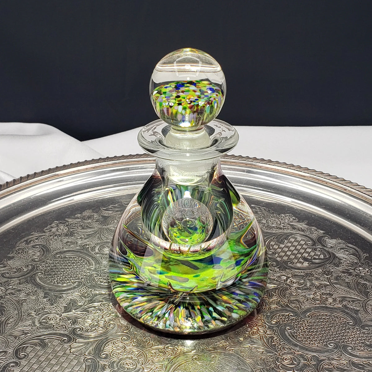 Vintage Caithness Glass Perfume / Ink Bottle – Multicolor Fused Art Glass Stopper