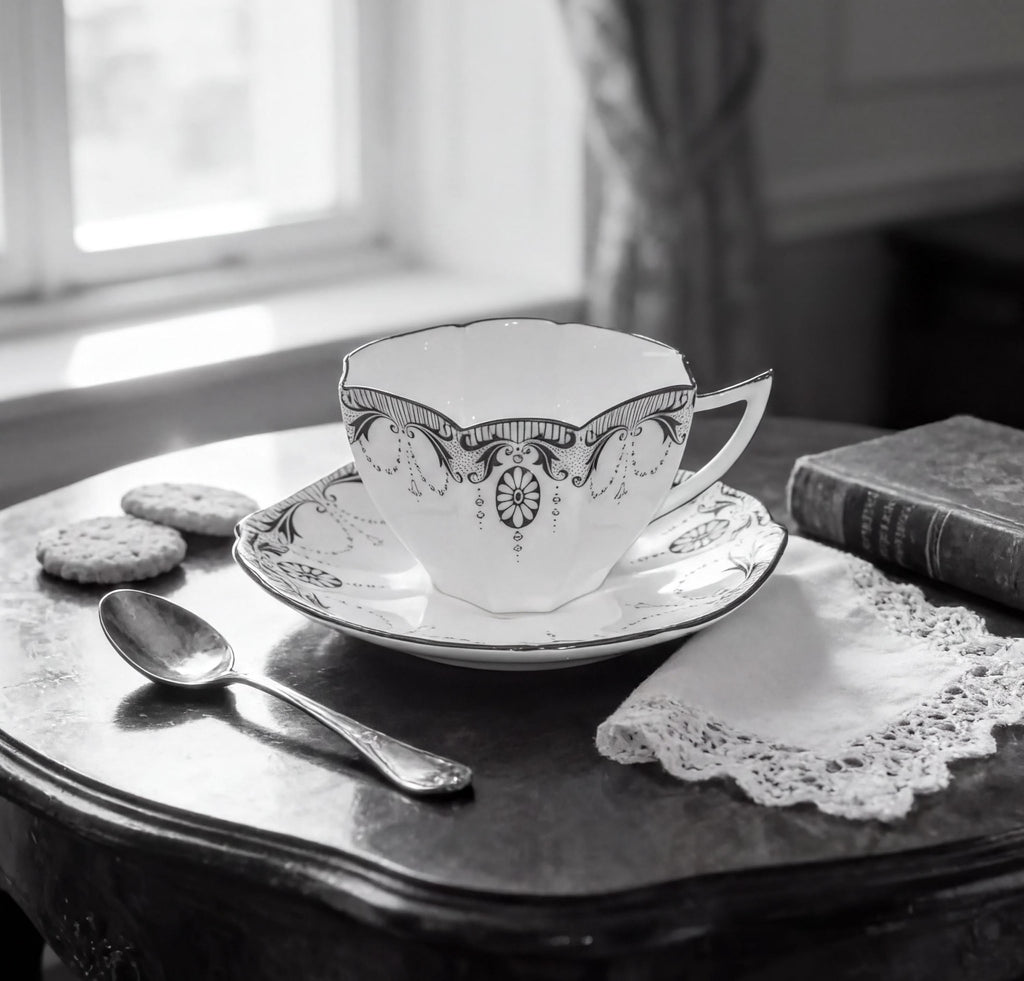 A black and white image of a tea set on a wooden table, including a teacup, saucer, and a lace doily.