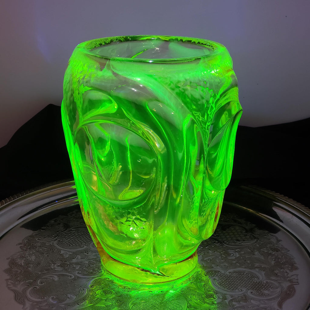 Uranium Glass Vase: Pink & Green Atlas, 1930s Art Deco
