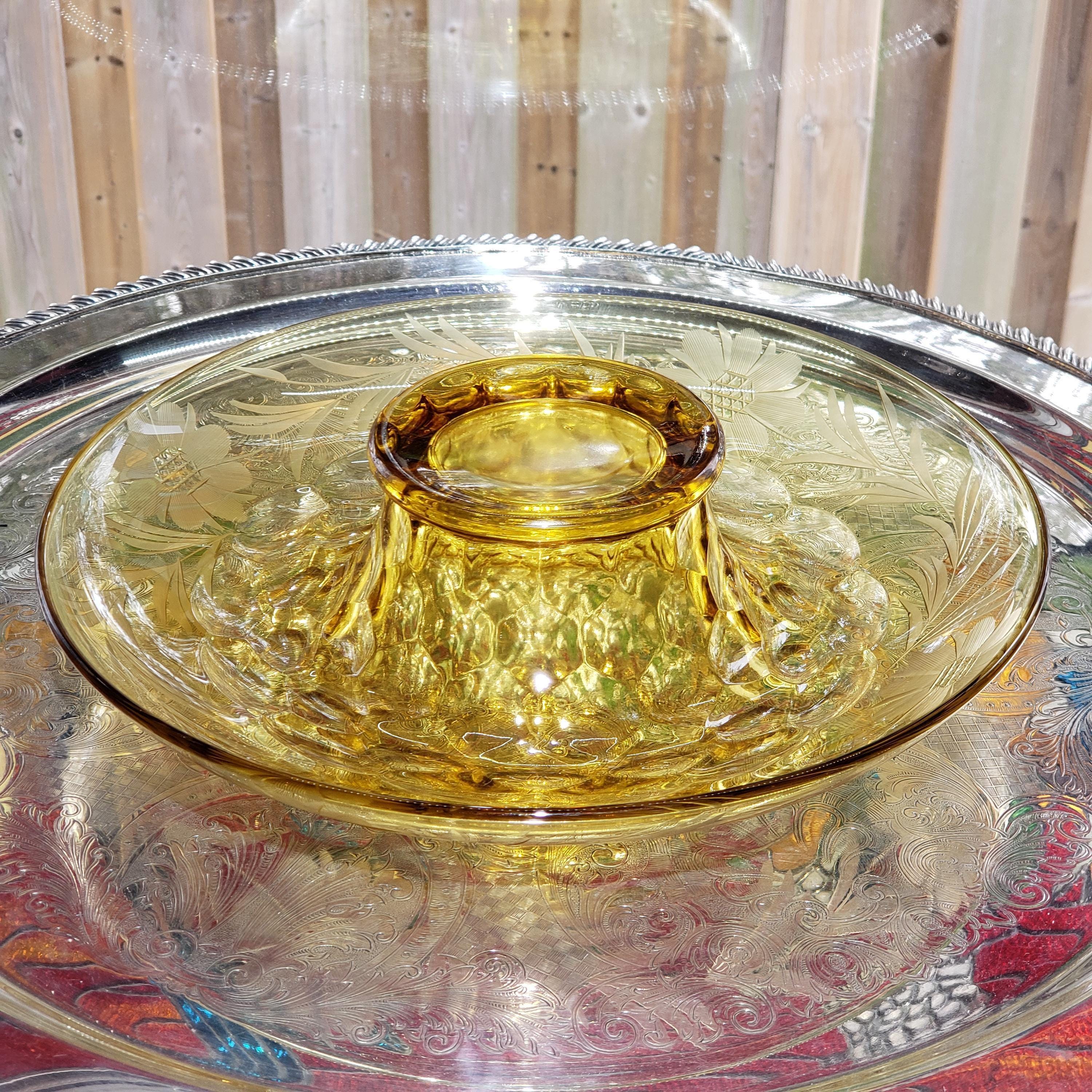 Amber Console Bowl - Hughes Cornflower Etched Honeycomb Glass