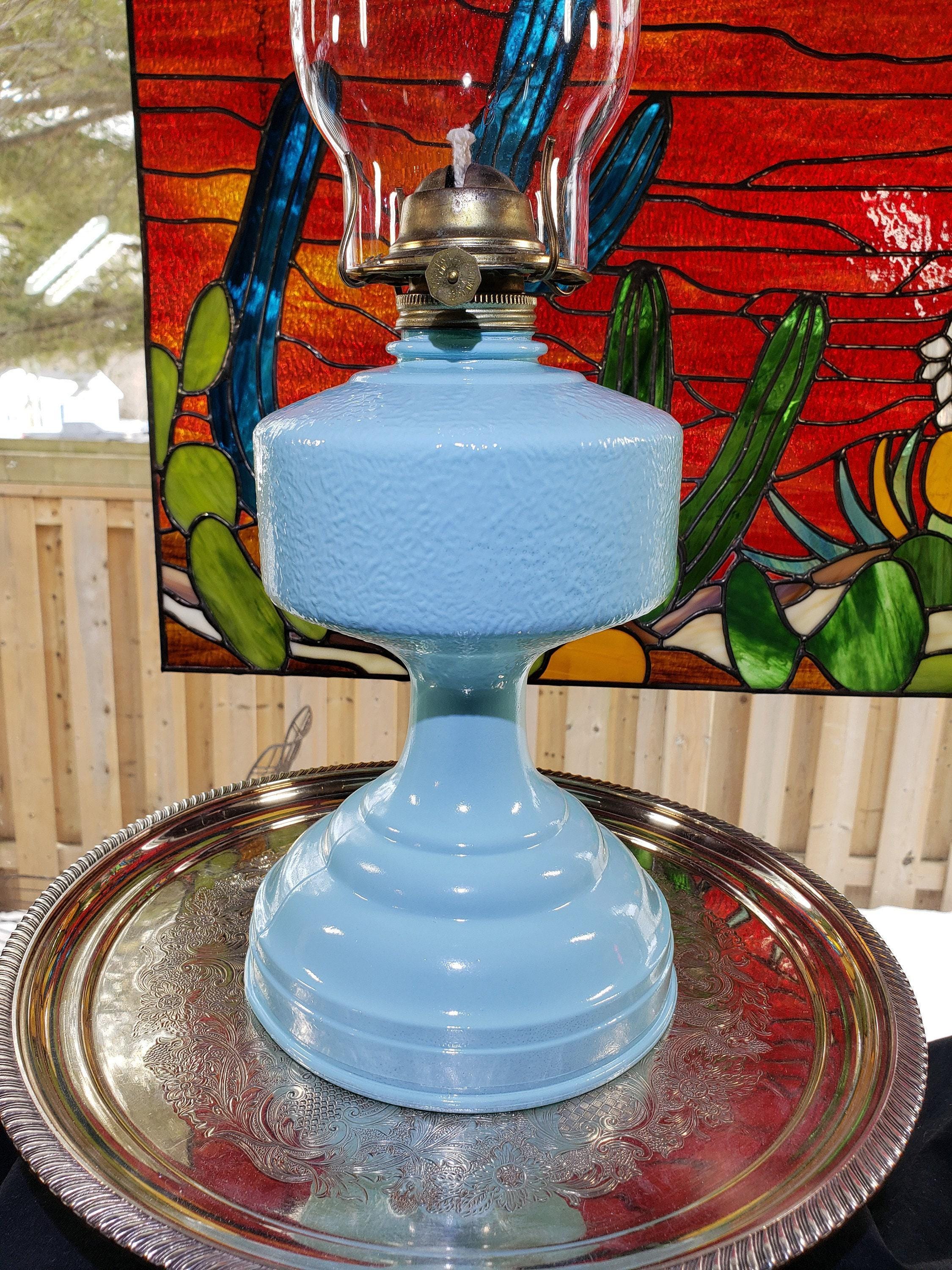 Glass Oil Lamp, Blue Ocean Breeze Painted (Mid-Century)