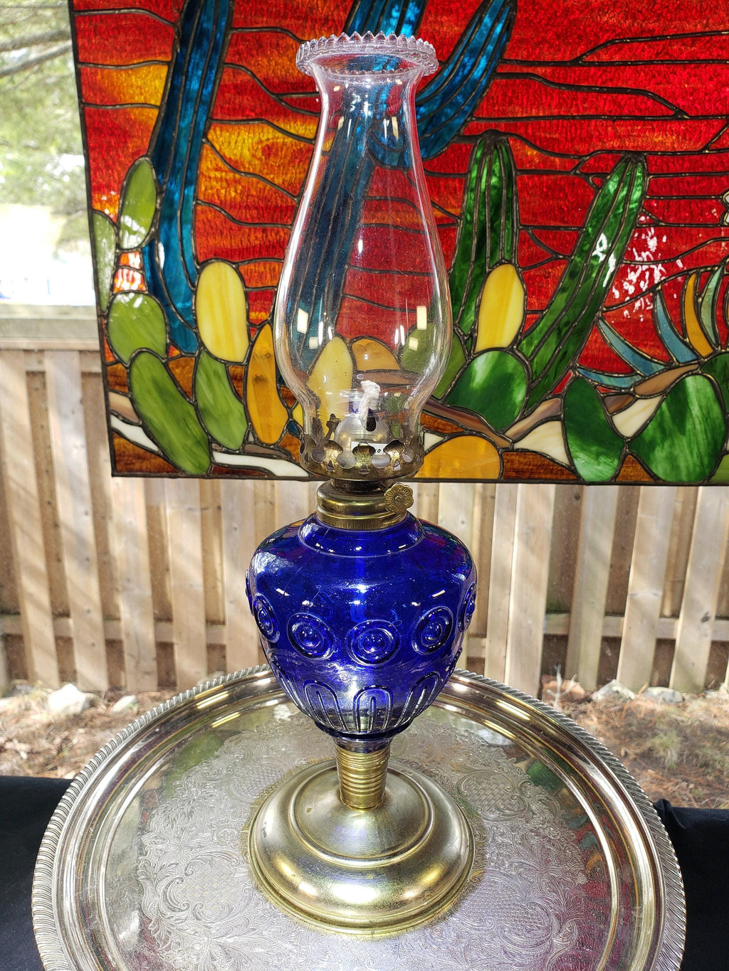 Cobalt Blue Oil Lamp - Bulls Eye Glass with Pie Crust Chimney