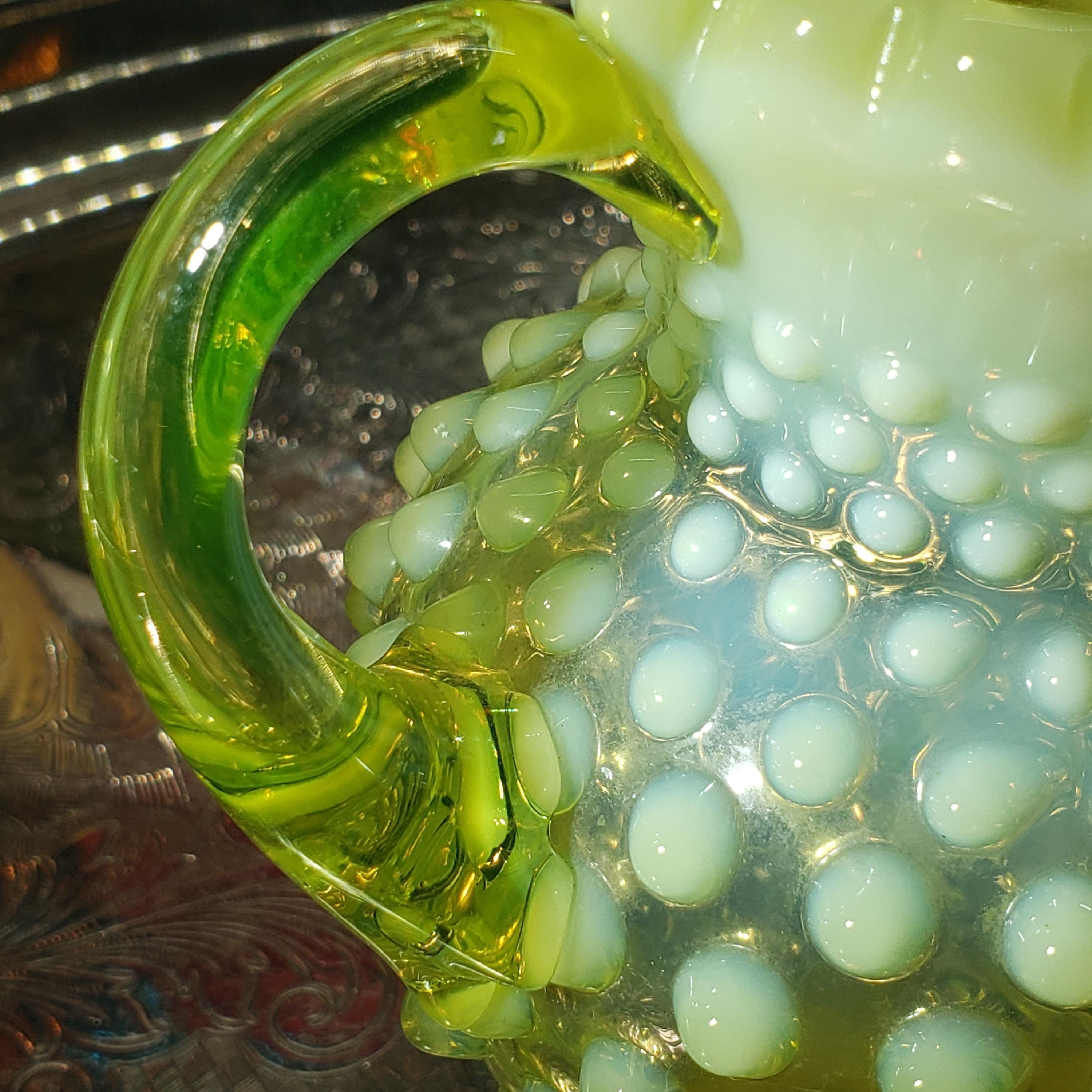 Uranium Glass Fenton Hobnail Syrup Jug - Topaz Opalescent Glass