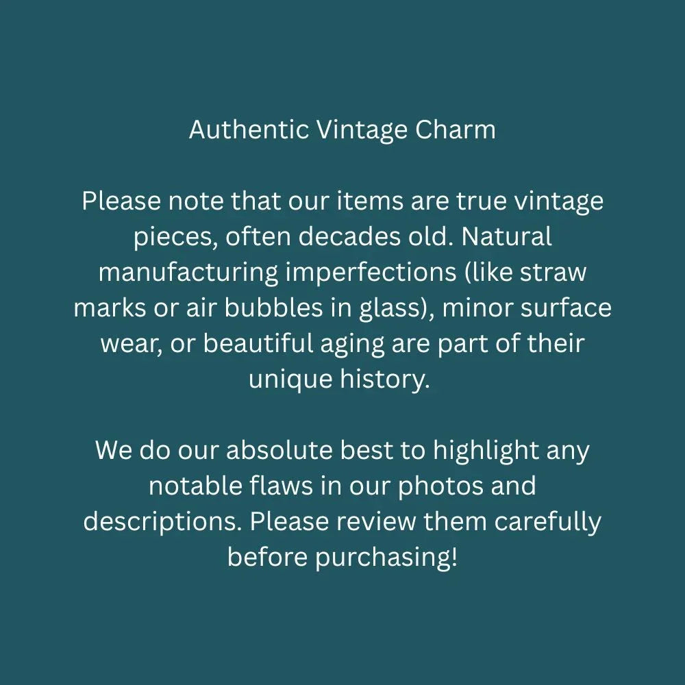 Informational text about authentic vintage charm and natural imperfections in antique glassware.