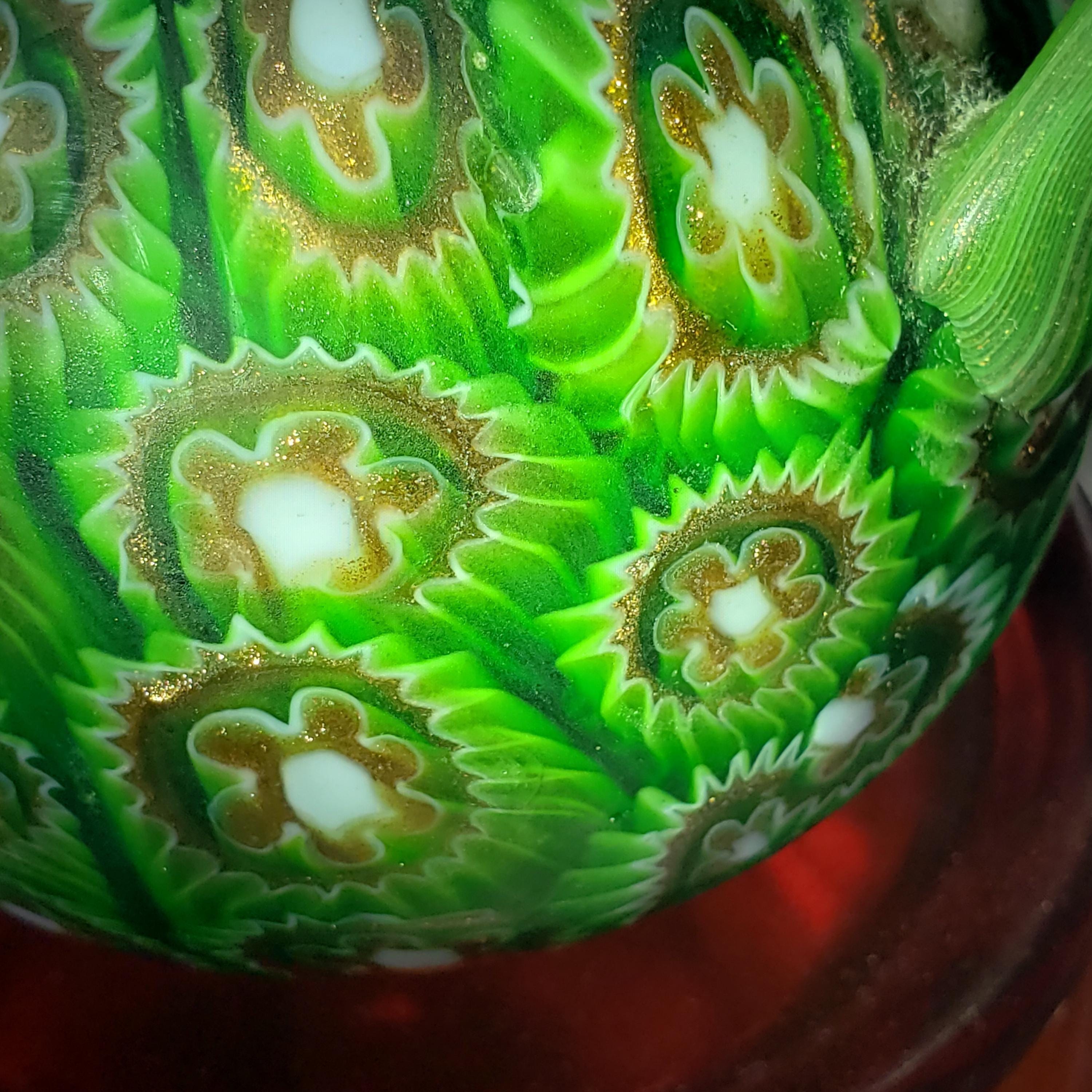 Murano Millefiori Glass Vase - Emerald Green Amphora with Handles