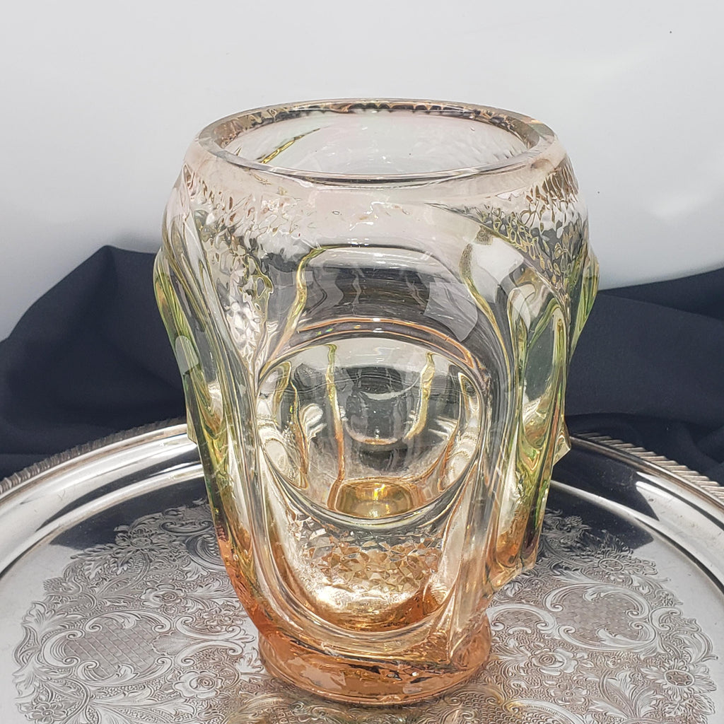 Uranium Glass Vase: Pink & Green Atlas, 1930s Art Deco
