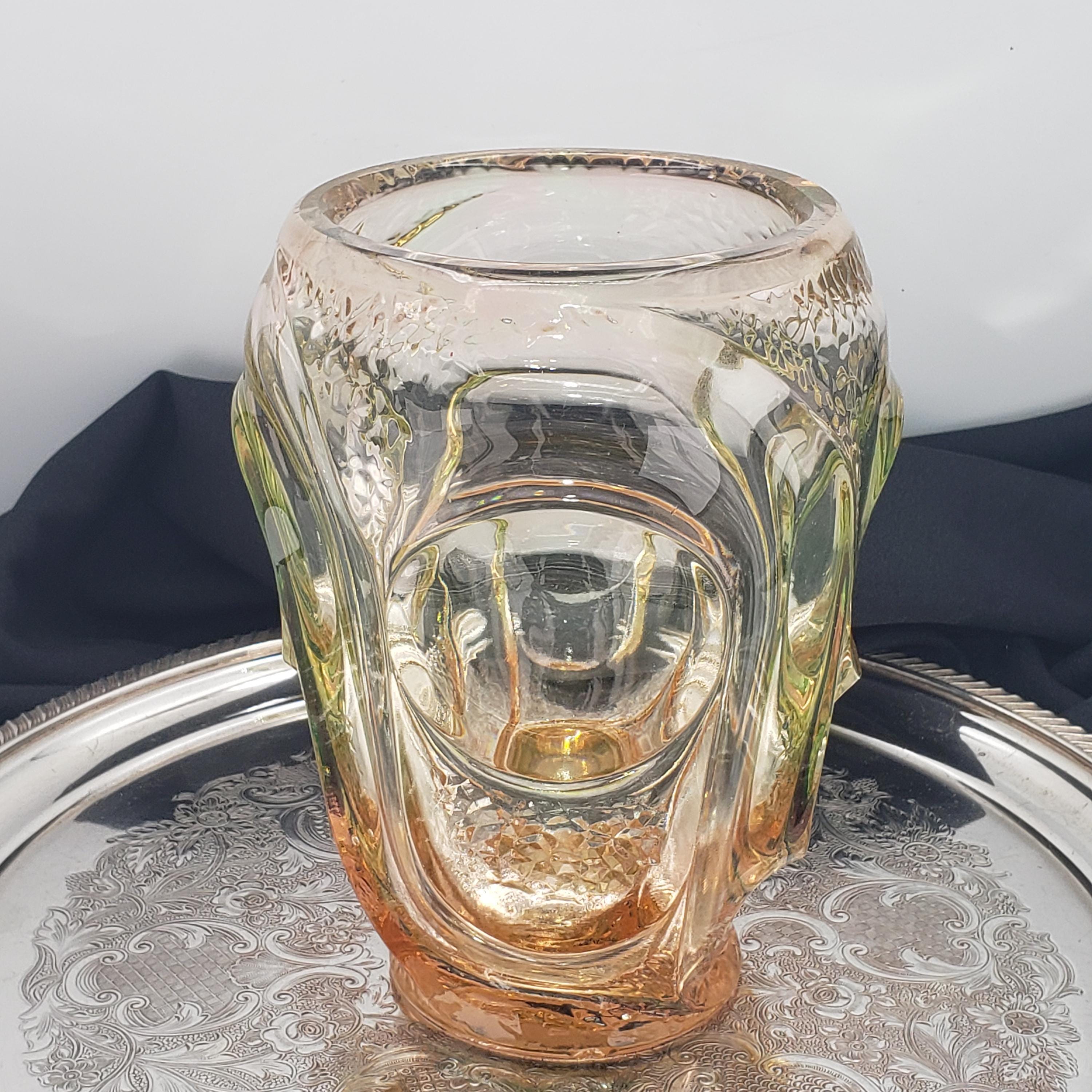 Uranium Glass Vase: Pink & Green Atlas, 1930s Art Deco