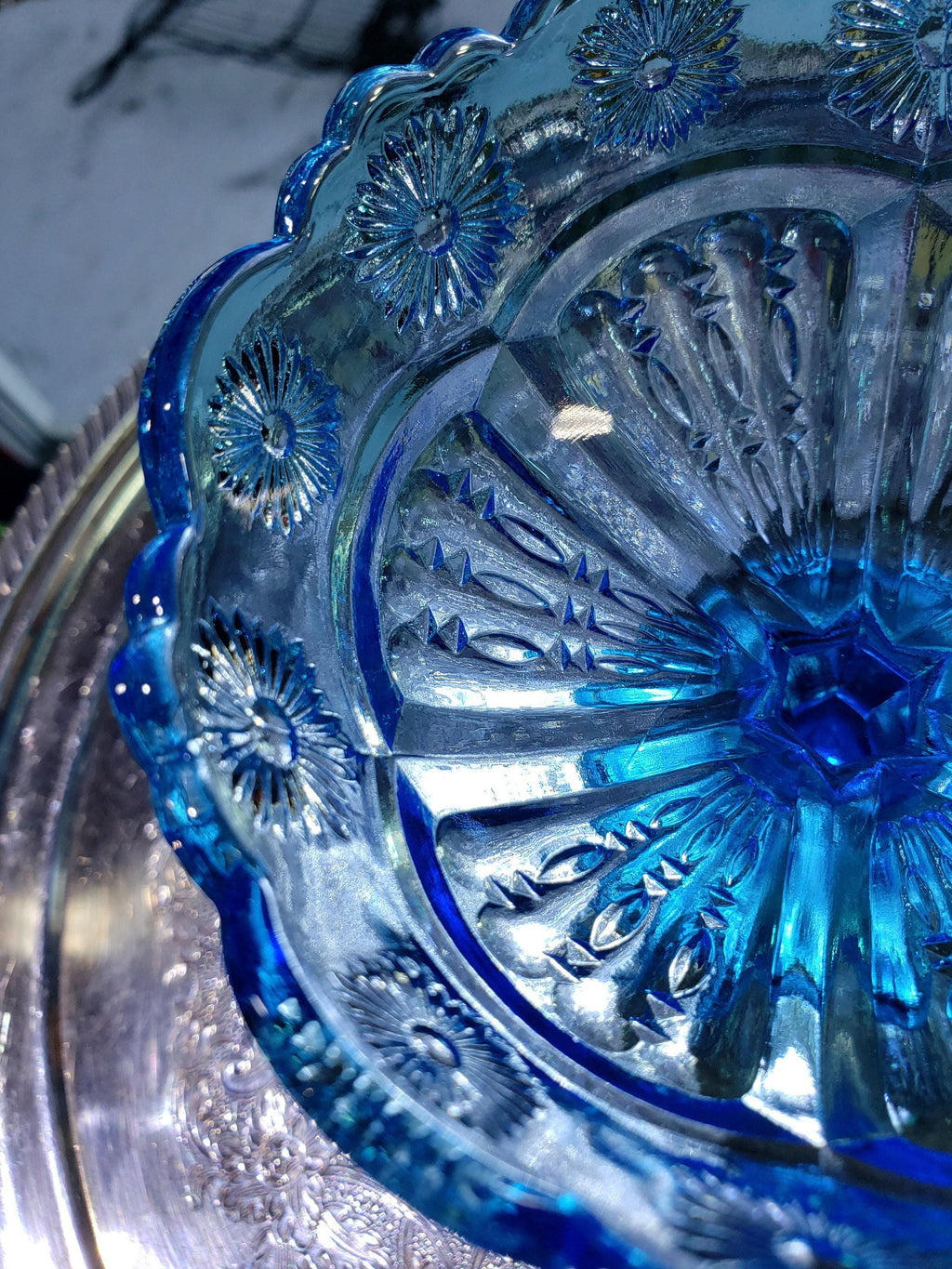 Blue Glass Comport: Floral Collectible Dish