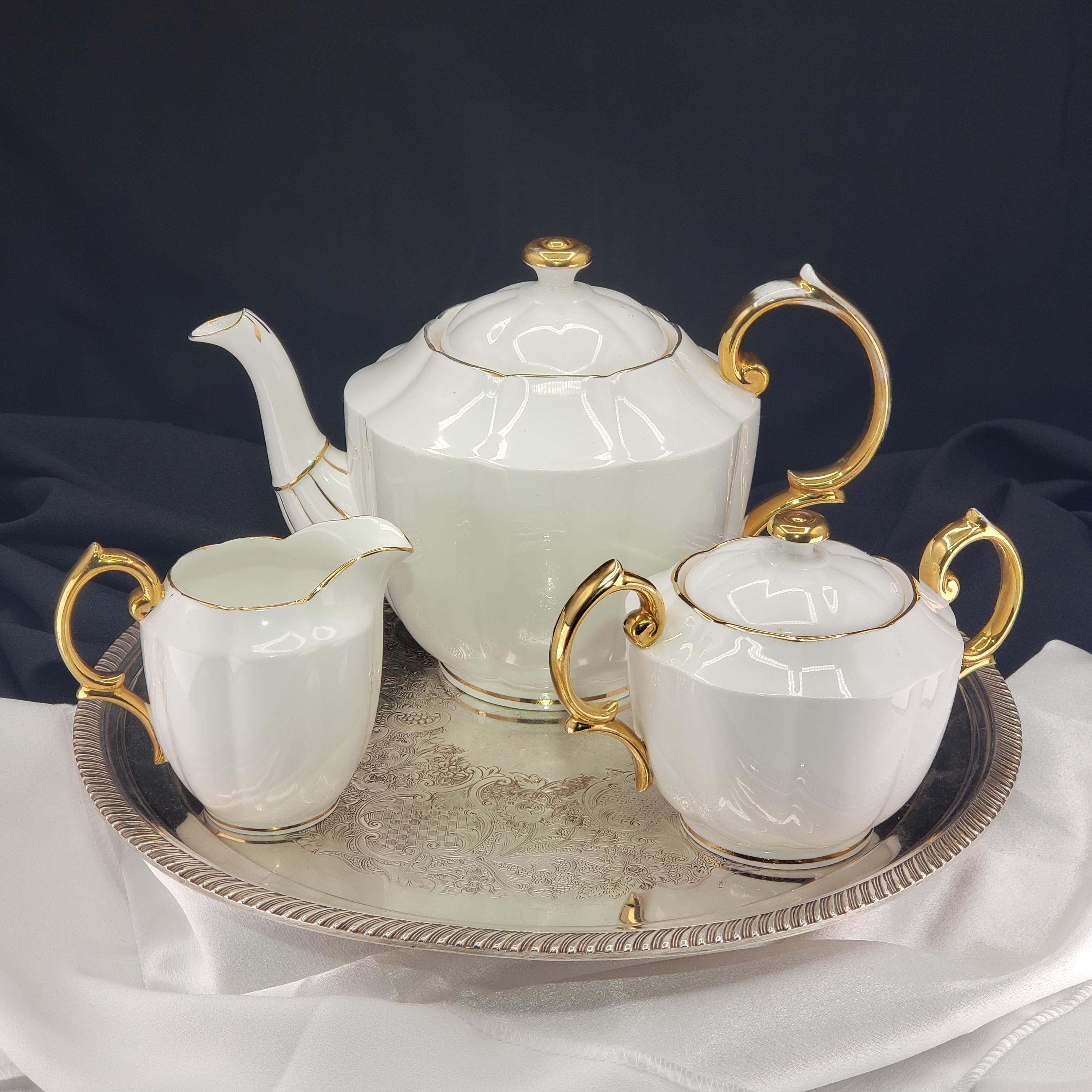 Vintage Royal Albert Teapot, White China Set With Gold Trim, 3pc.