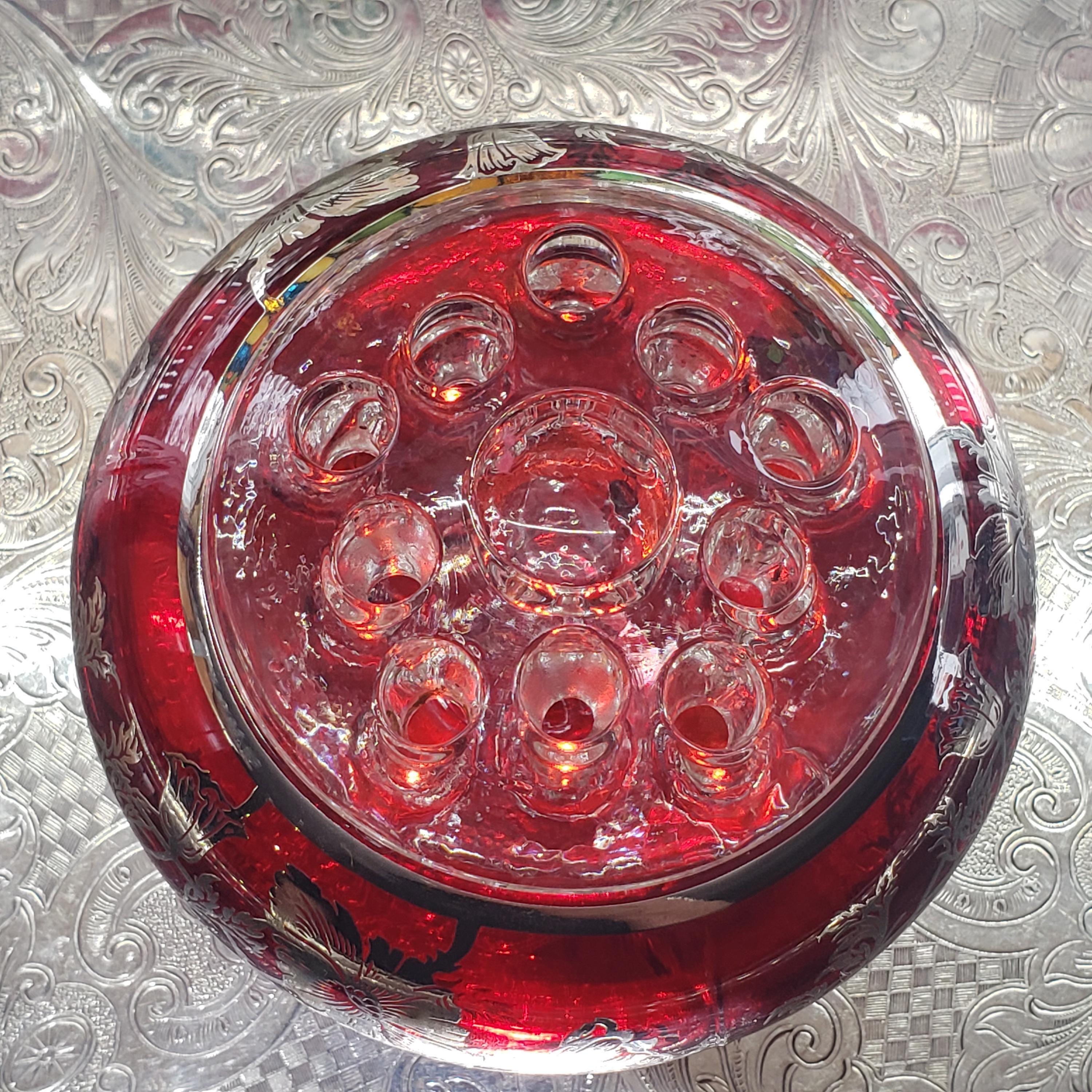 Ruby Red Viking Flowerlite Vase - Footed Bowl with Sterling Floral Design
