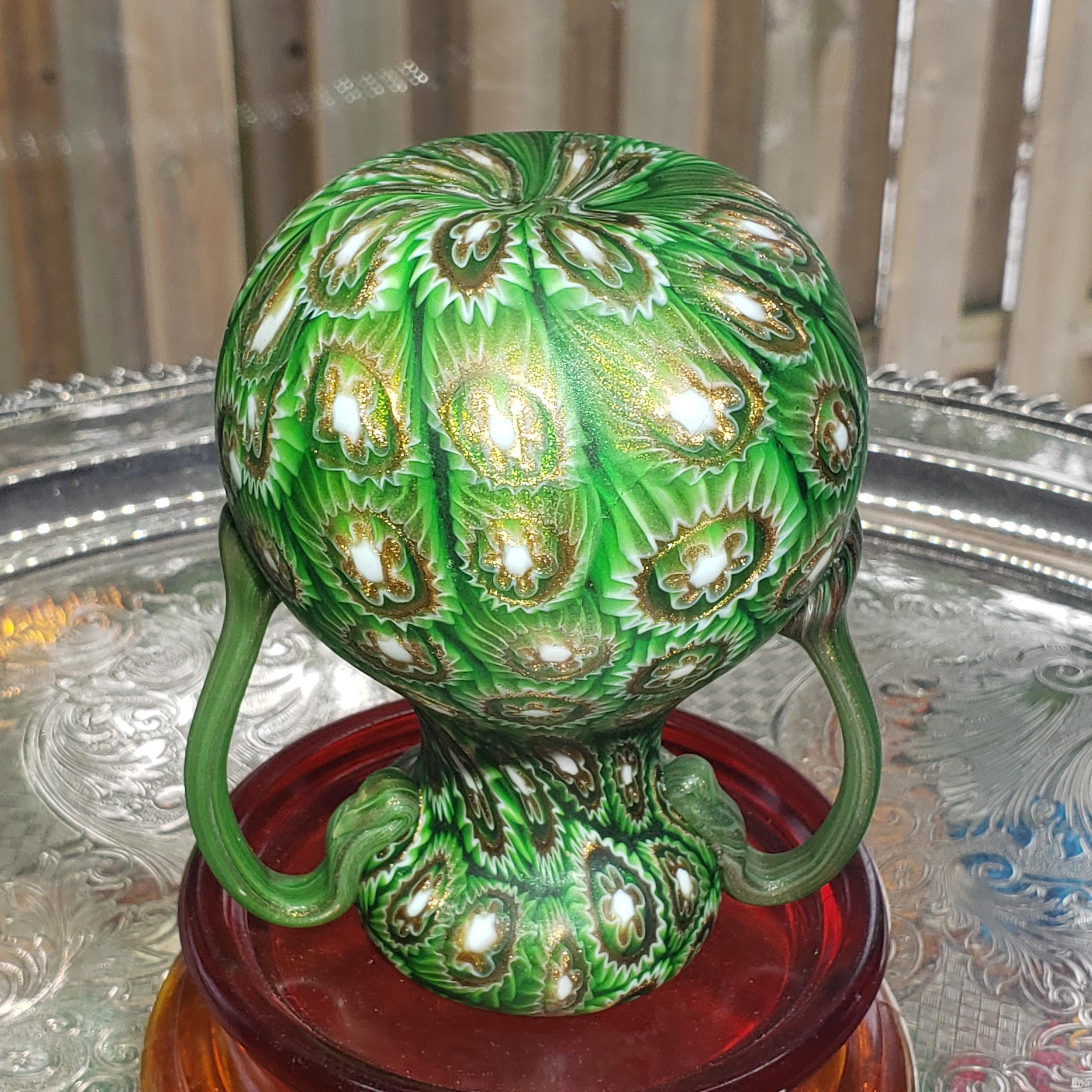 Murano Millefiori Glass Vase - Emerald Green Amphora with Handles