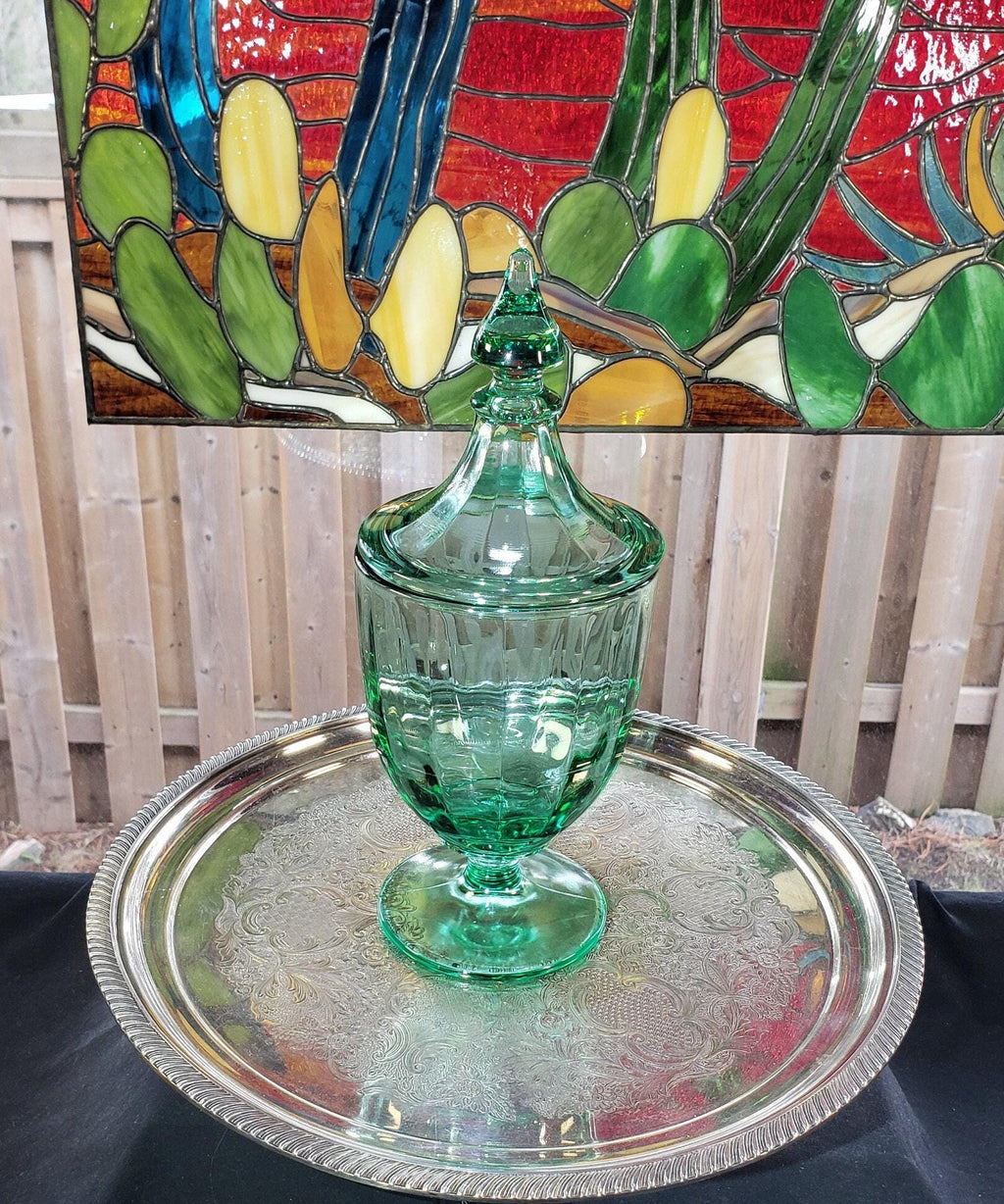 Green Glass Candy Jar: New Martinsville - Lidded 1900s Decor